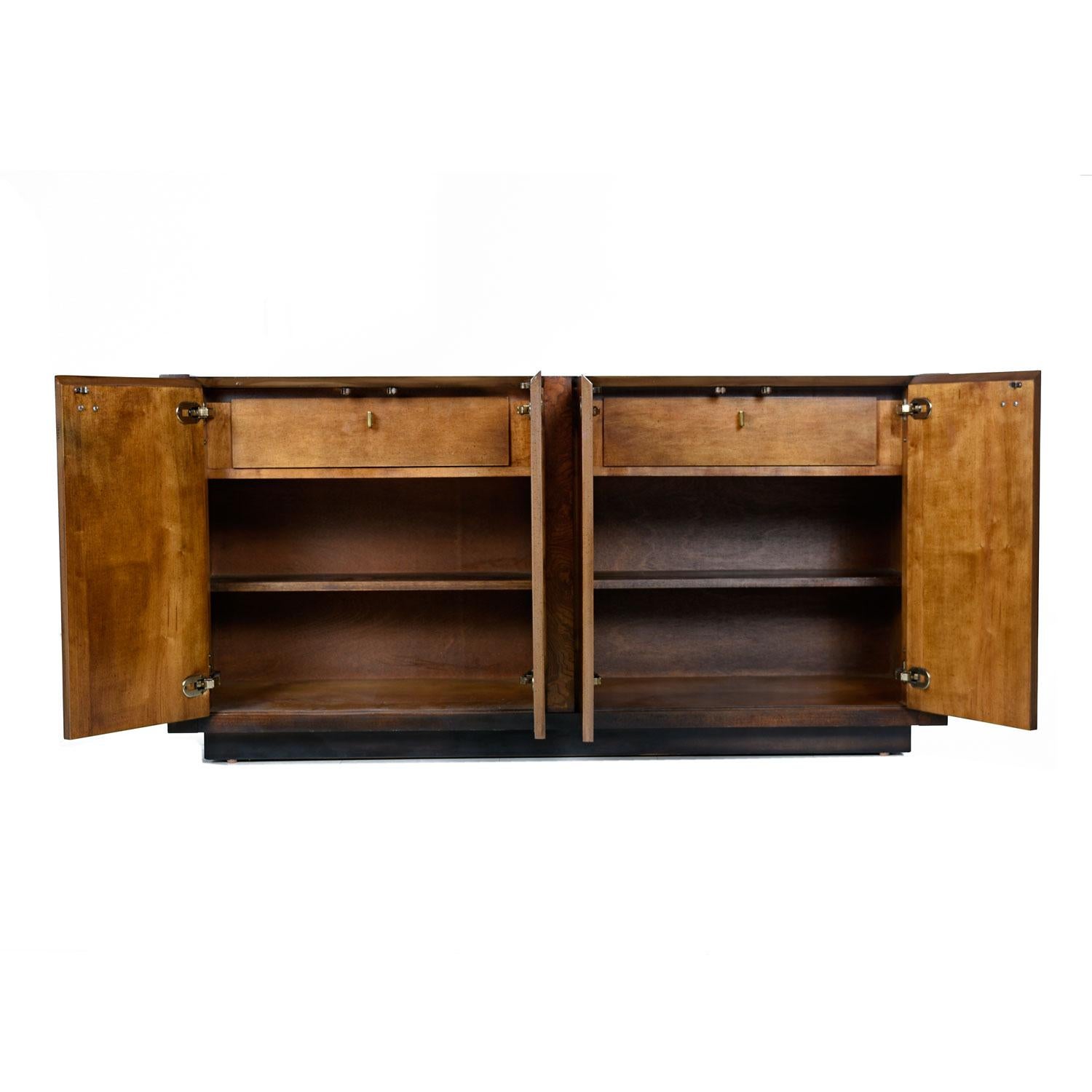 Hollywood Regency Century Furniture Campaign Style Brass Accent Burl Wood Credenza Cabinet