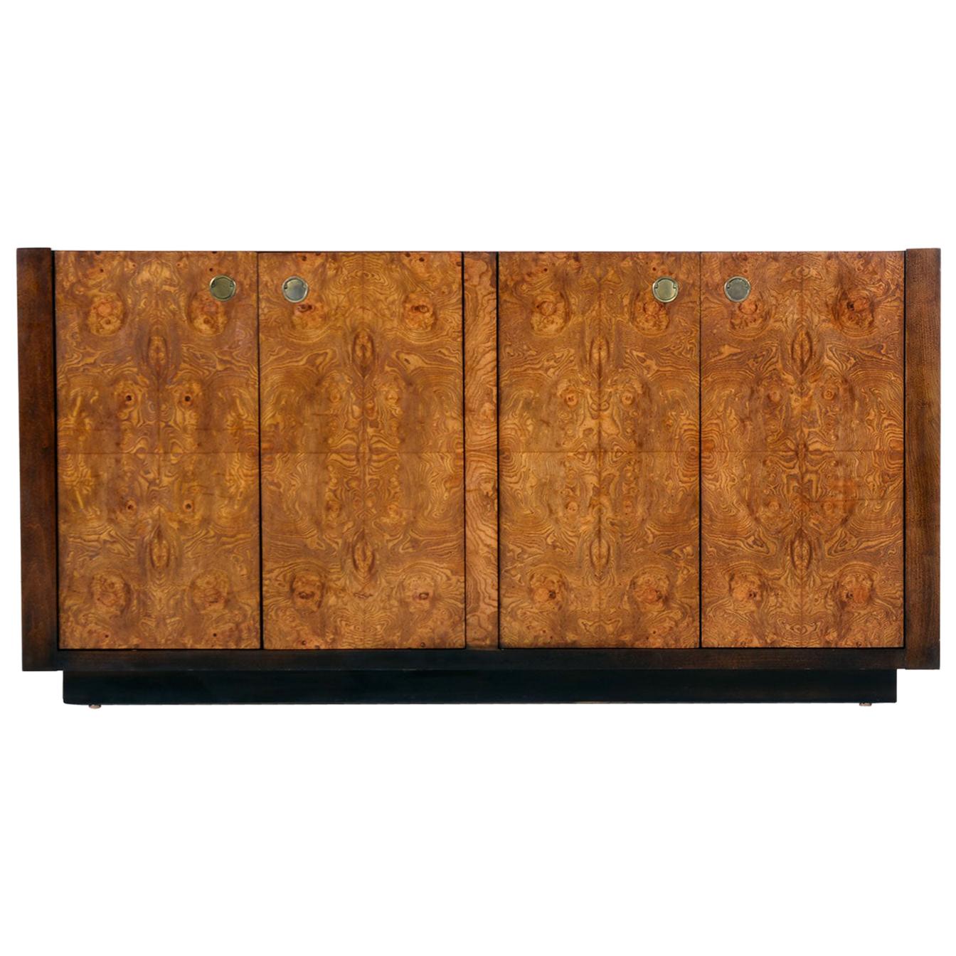 Century Furniture Campaign Style Brass Accent Burl Wood Credenza Cabinet