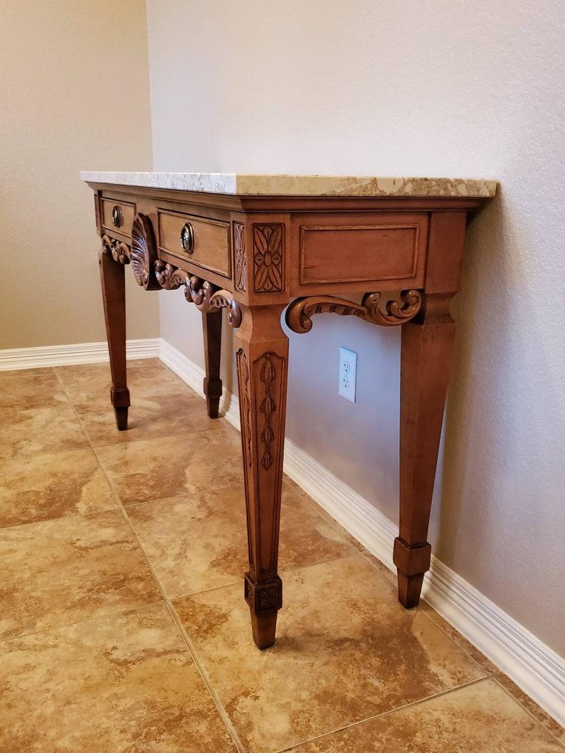 American Century Furniture Carved Wood Marble Top Console Table
