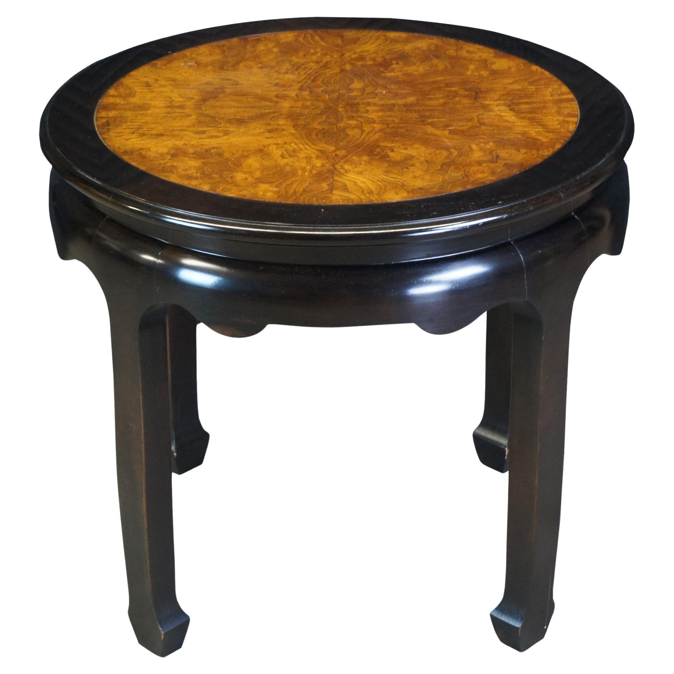 Vintage Century Furniture Chin Hua collection table. Made of burl wood and black lacquer featuring round form with chinoiserie / Ming styling.
 