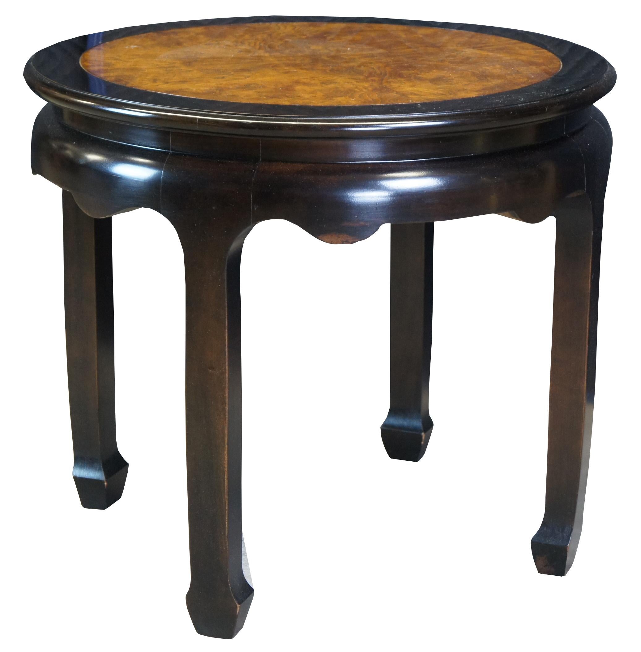 Ming Century Furniture Chin Hua Burl Wood Black Lacquer Round Chinoiserie Side Table 