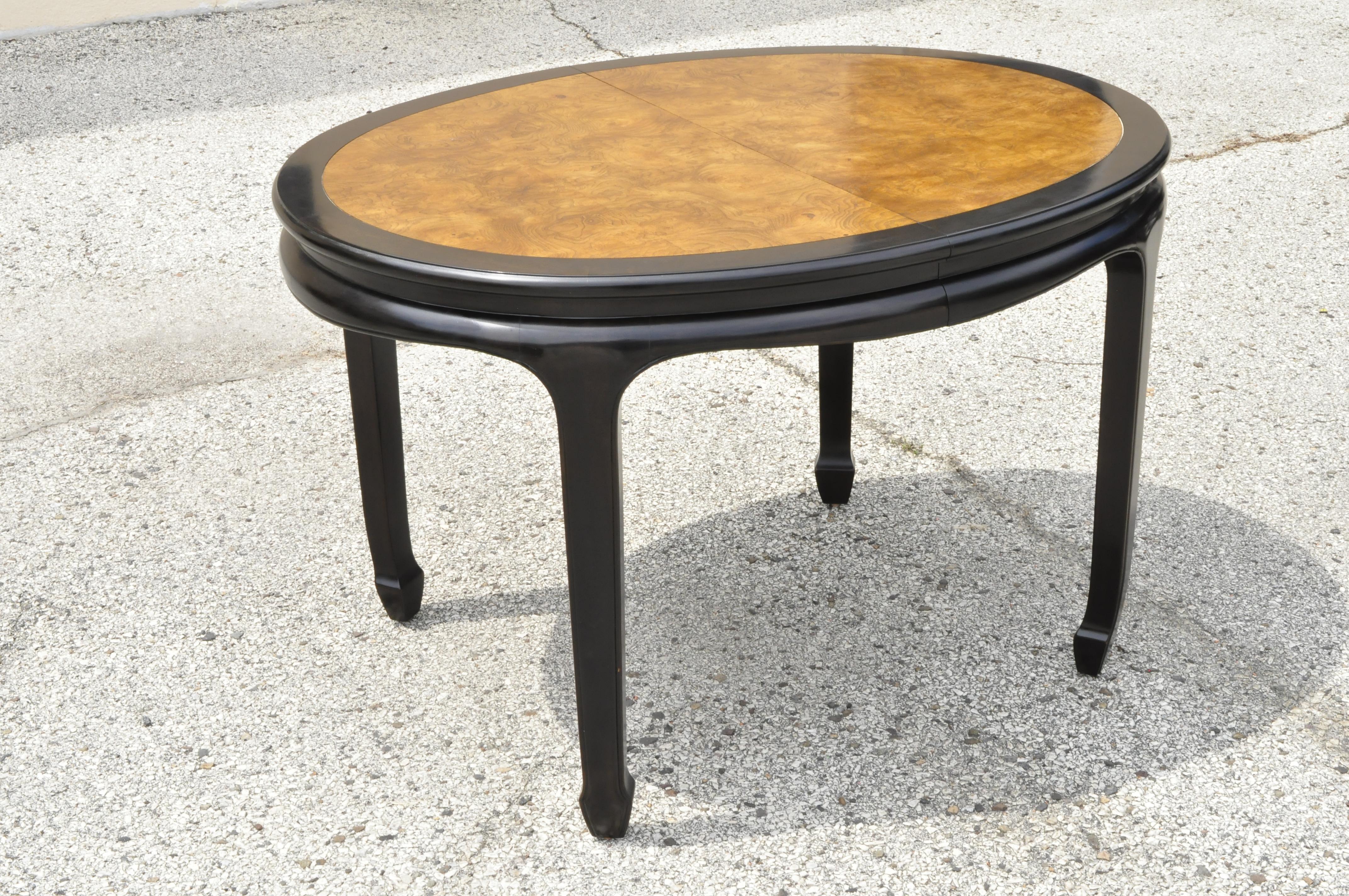 Century Furniture Chin Hua burl wood black lacquer small oval dining room table with 2 leaves. Item features (2) 18