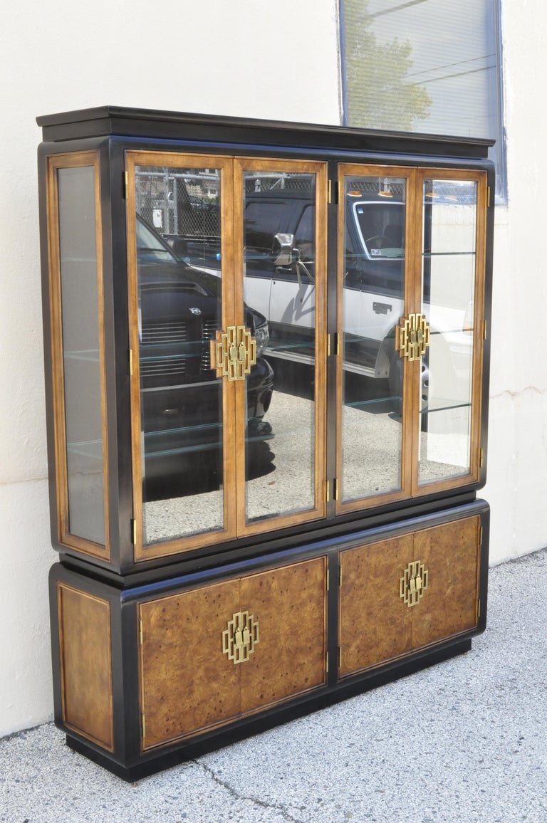 Century Furniture Chin Hua burl wood oriental China display cabinet hutch bookcase. Item features solid wood construction, beautiful wood grain, 2 part of construction, 4 glass swing doors, plate groves, 6 glass shelves, 2 wooden shelves, solid