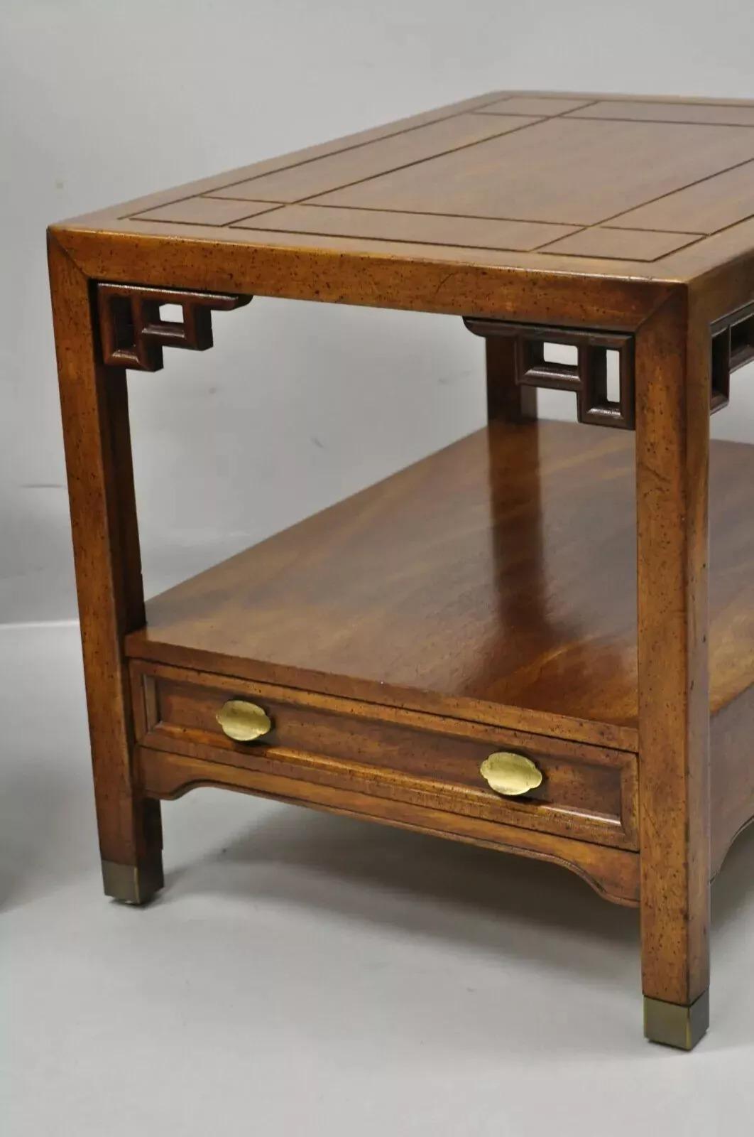 20th Century Century Furniture Chinoiserie Fretwork Wooden Side Lamp End Tables - a Pair For Sale
