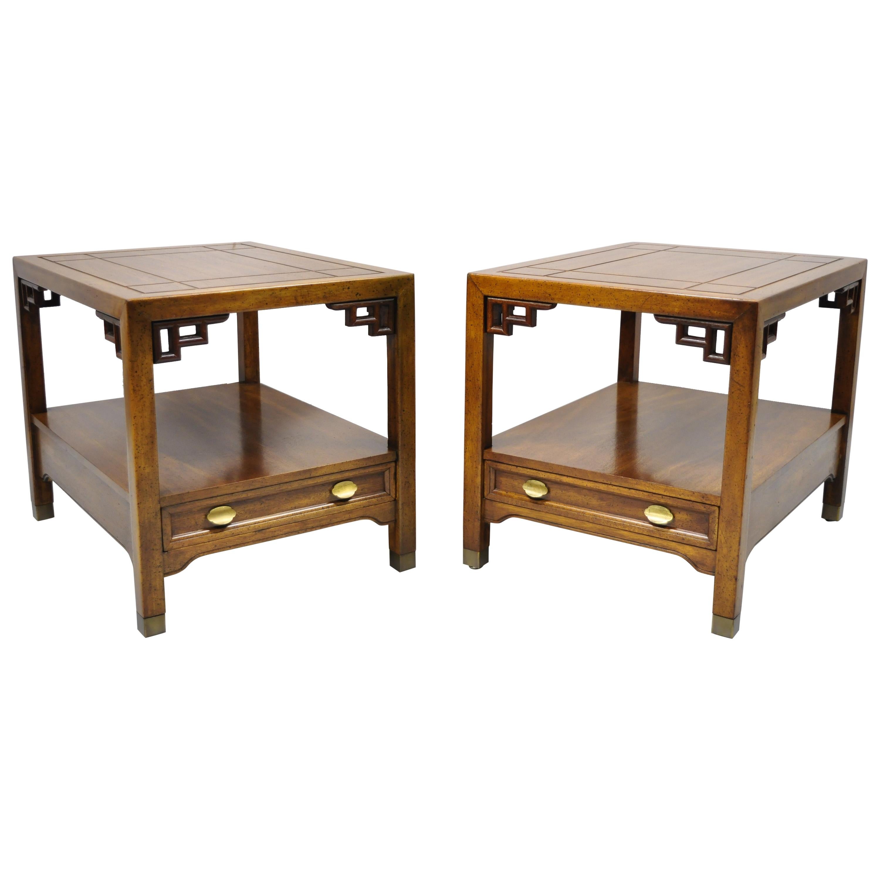 Century Furniture Chinoiserie Fretwork Wooden Side Lamp End Tables, a Pair