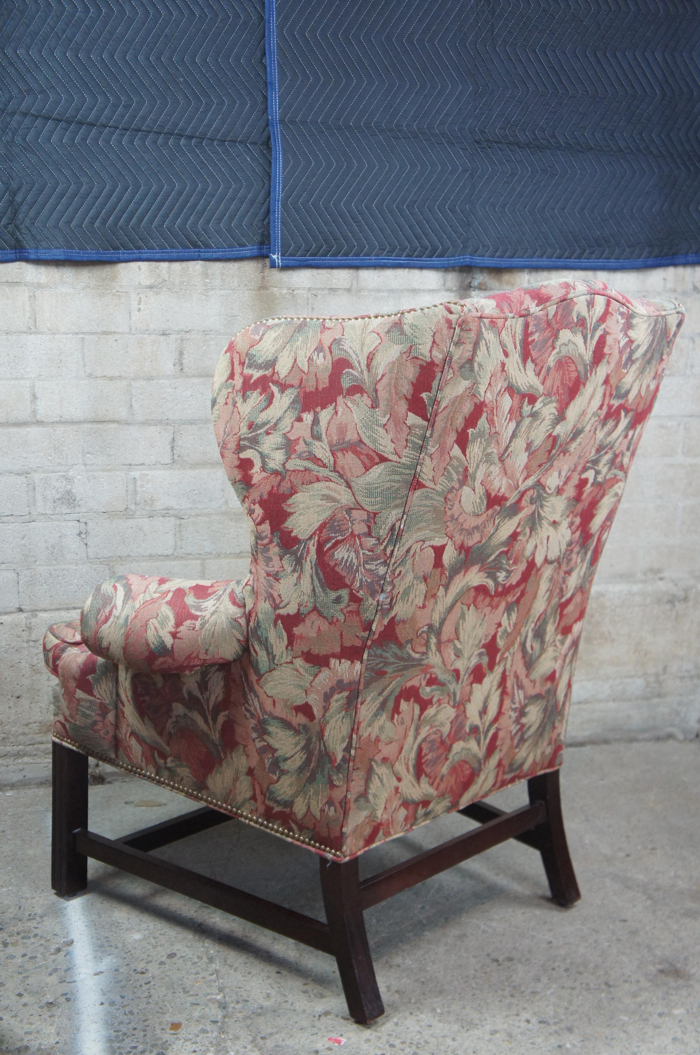 Century Furniture Chippendale Style Floral Wingback Armchair with Nailhead Trim In Good Condition In Dayton, OH