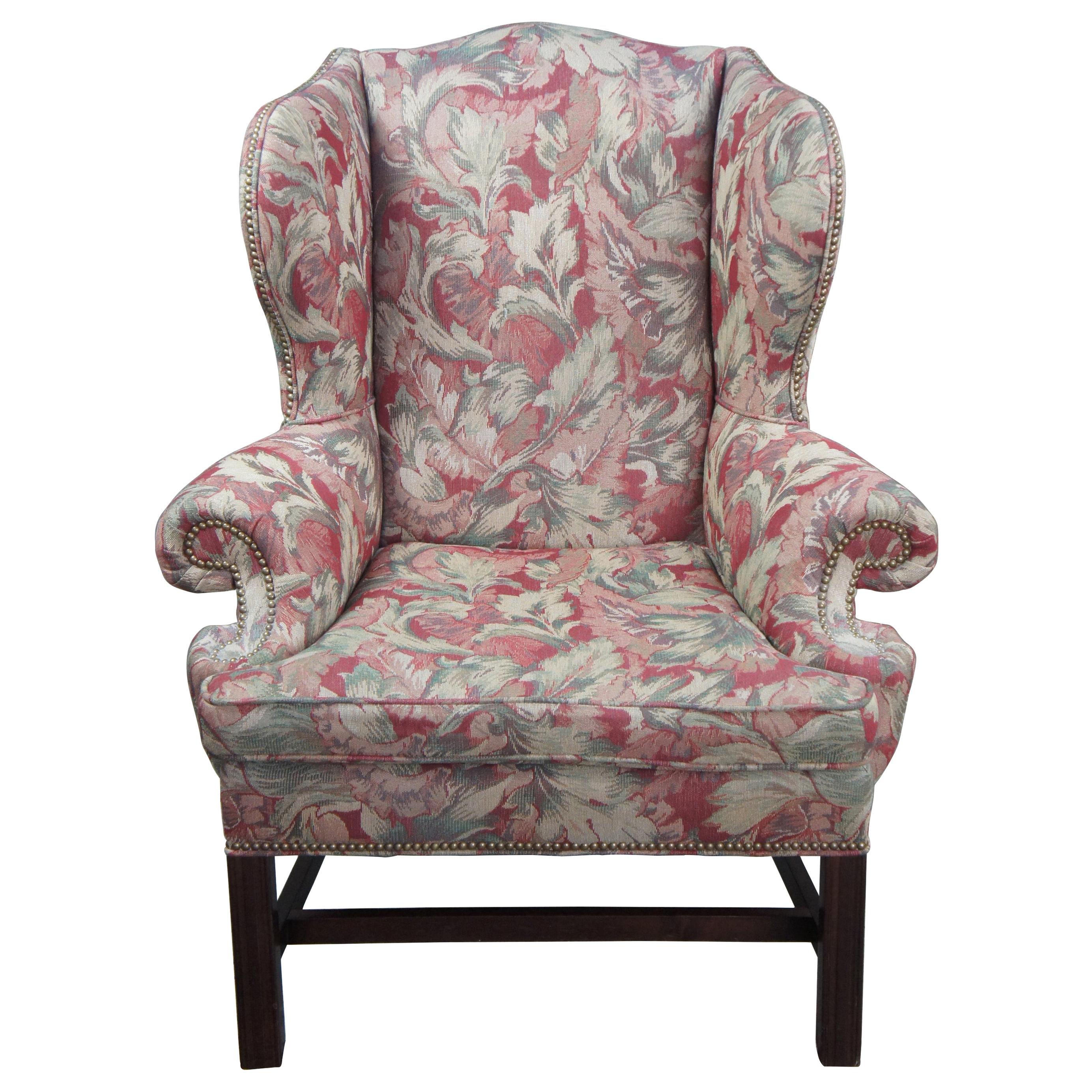 Century Furniture Chippendale Style Floral Wingback Armchair with Nailhead Trim