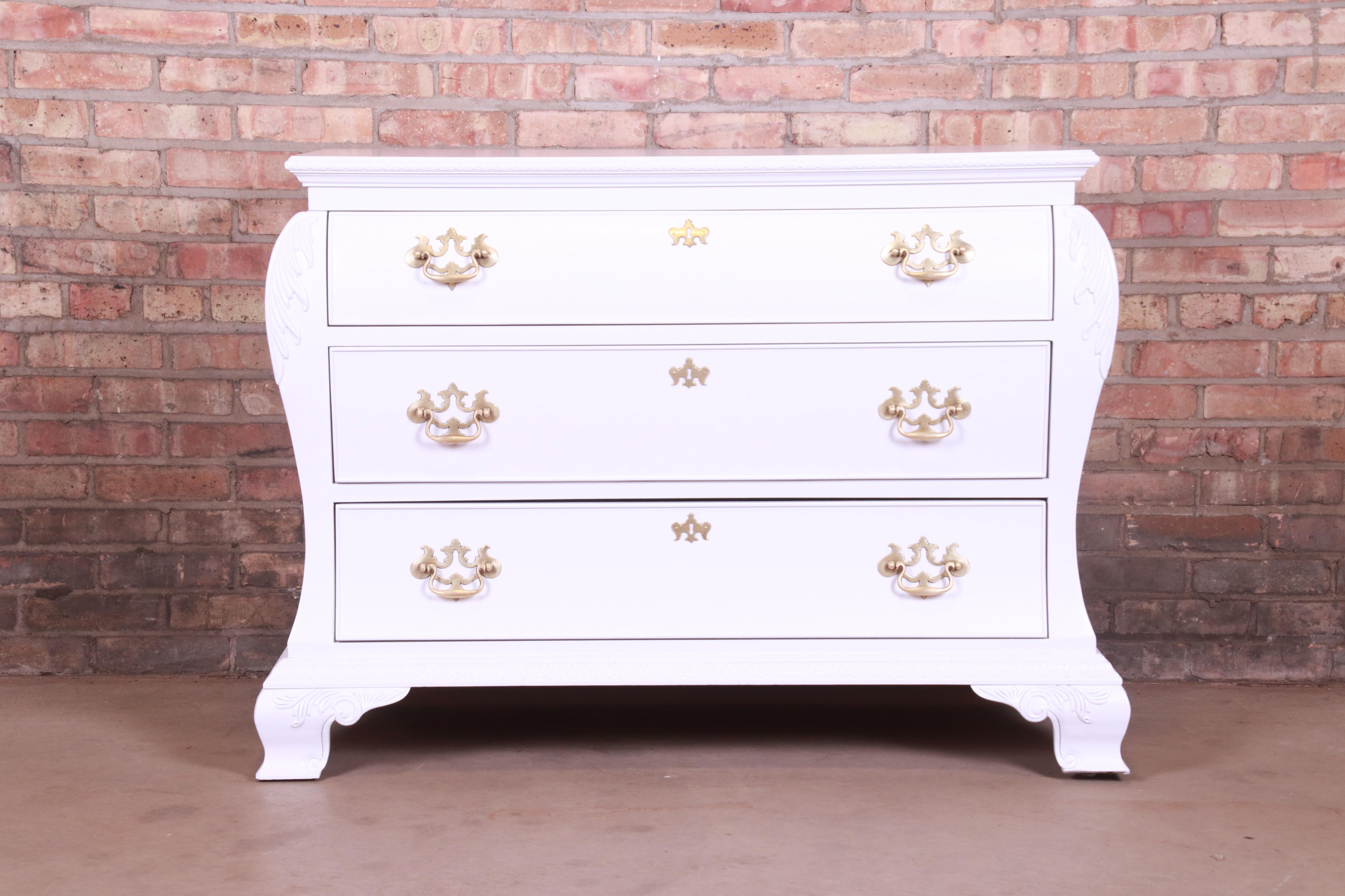 Brass Century Furniture Chippendale White Lacquered Chest of Drawers, Newly Refinished For Sale