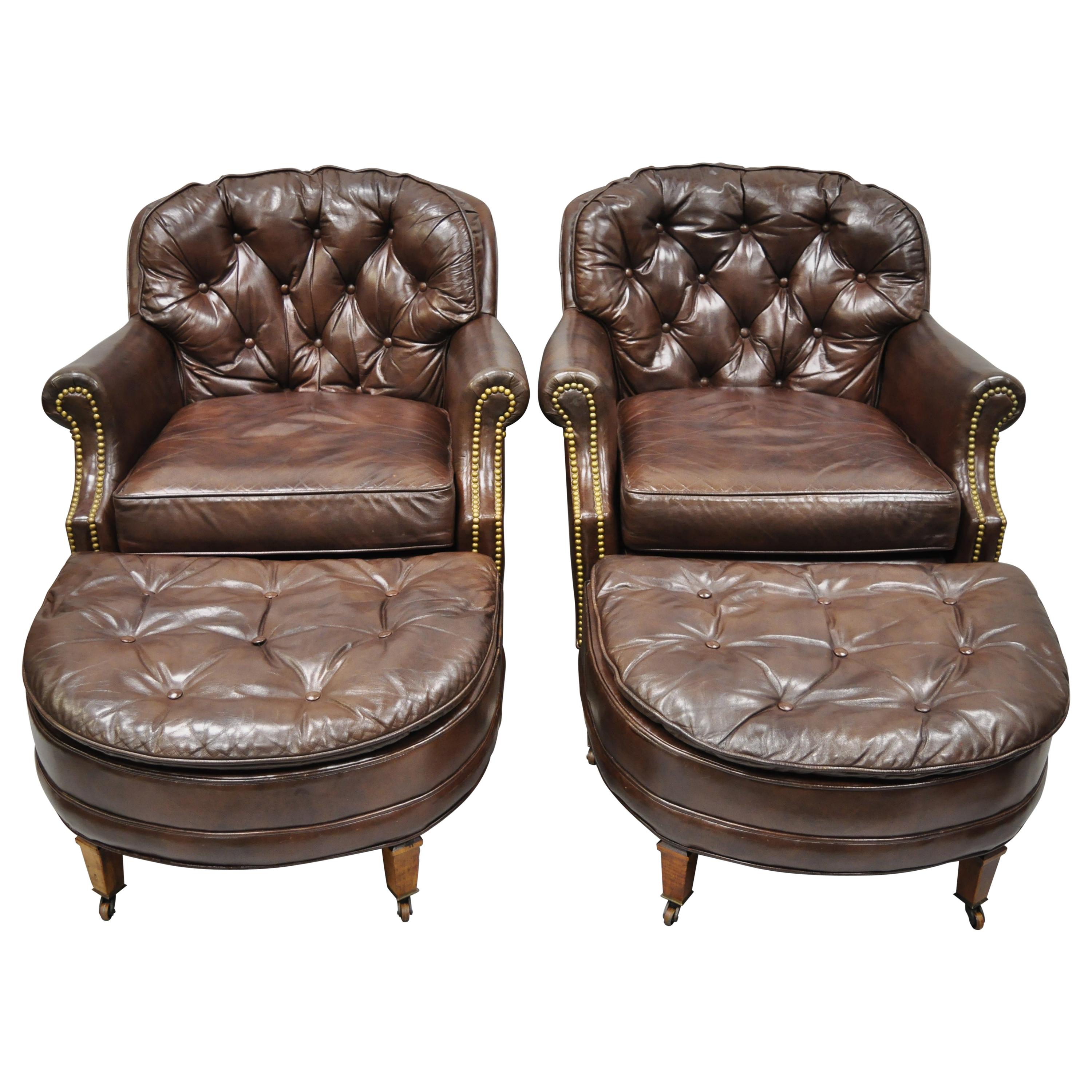 Century Furniture Co Brown Leather Chesterfield Club Lounge Chairs Ottomans Pair