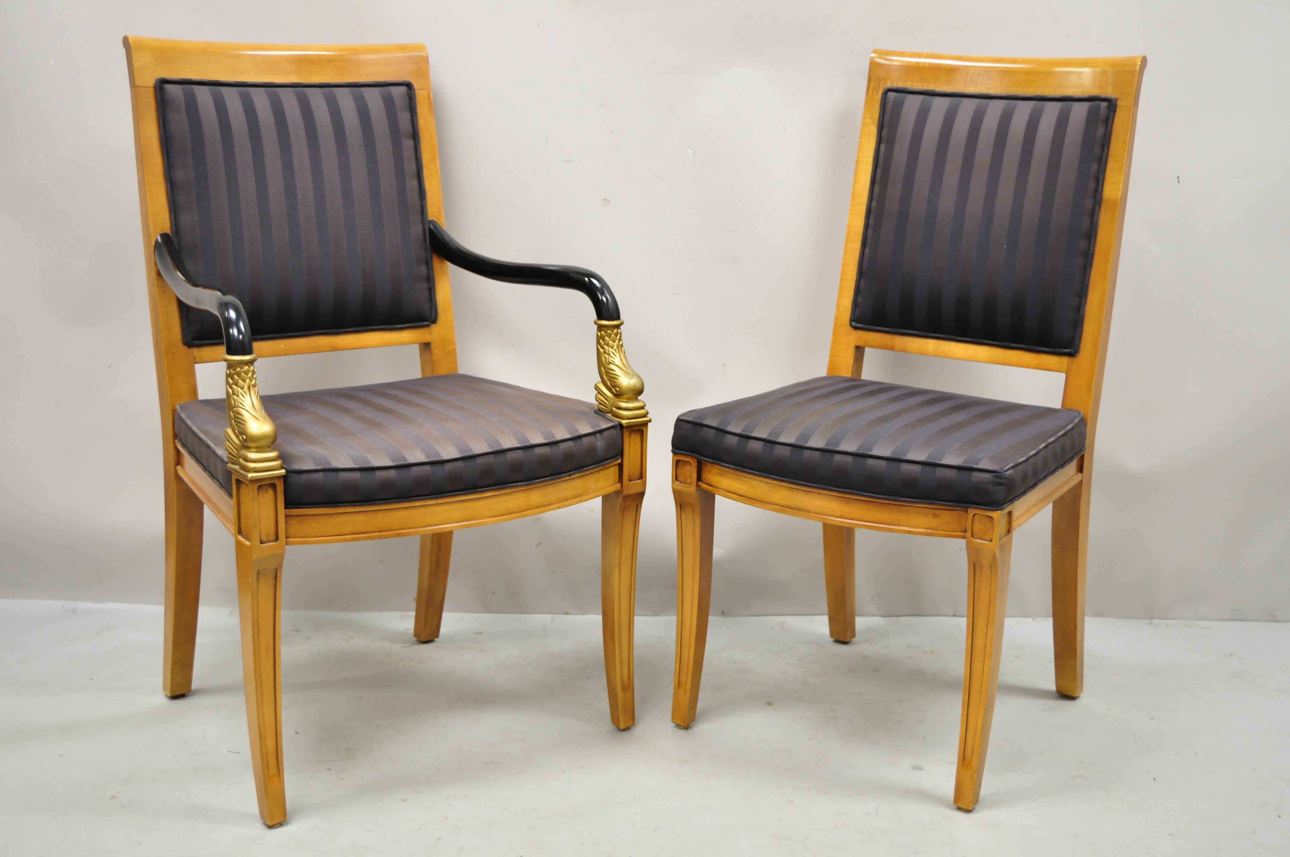 Century Furniture Co. Capuan Biedermier dining chairs with serpent arm - Set of 8. Set includes (2) armchairs, (6) side chairs, ebonized armrest, gold giltwood serpent/dolphin carved arms, saber legs, upholstered backs, solid wood frame, original