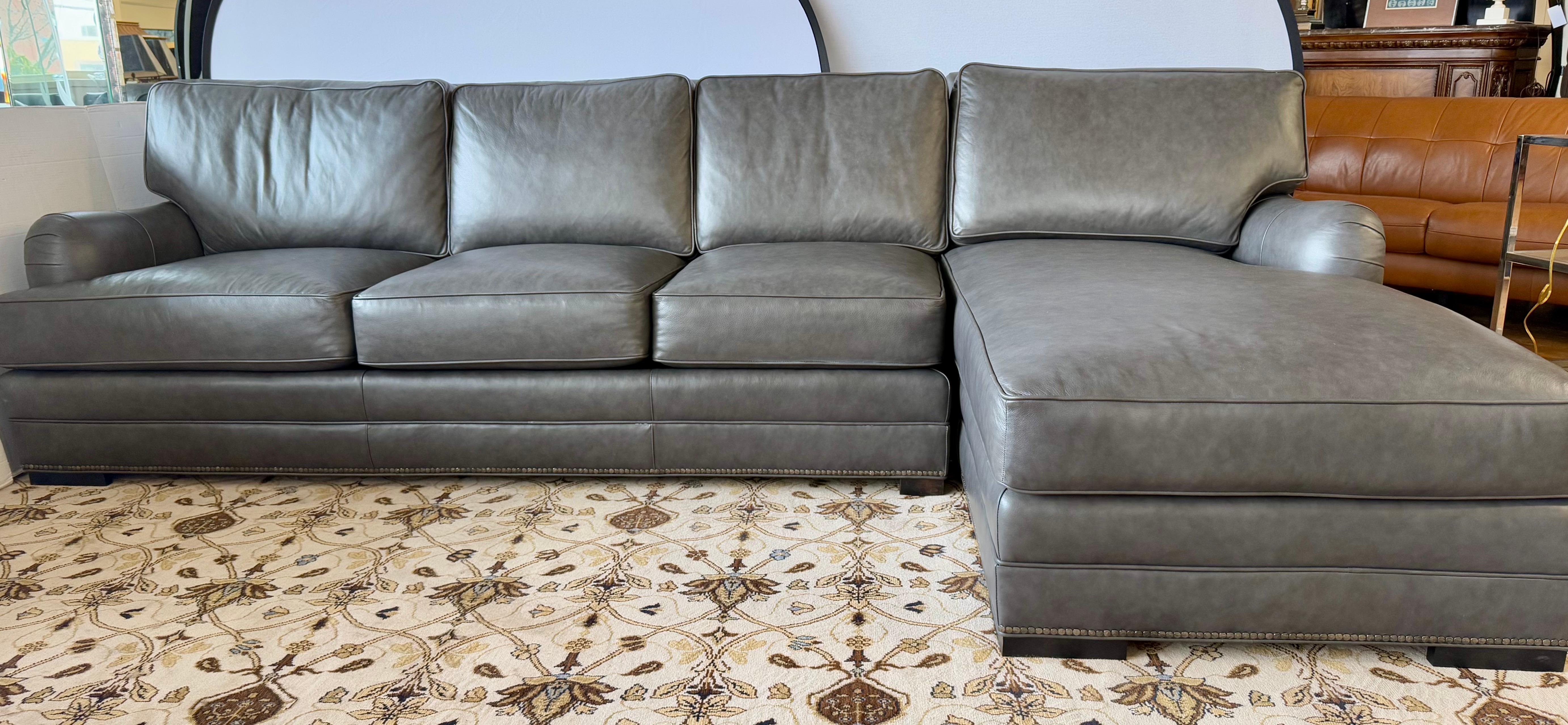 Century Furniture Company Mint Condition Gray Leather L-Shaped Sectional Sofa 6