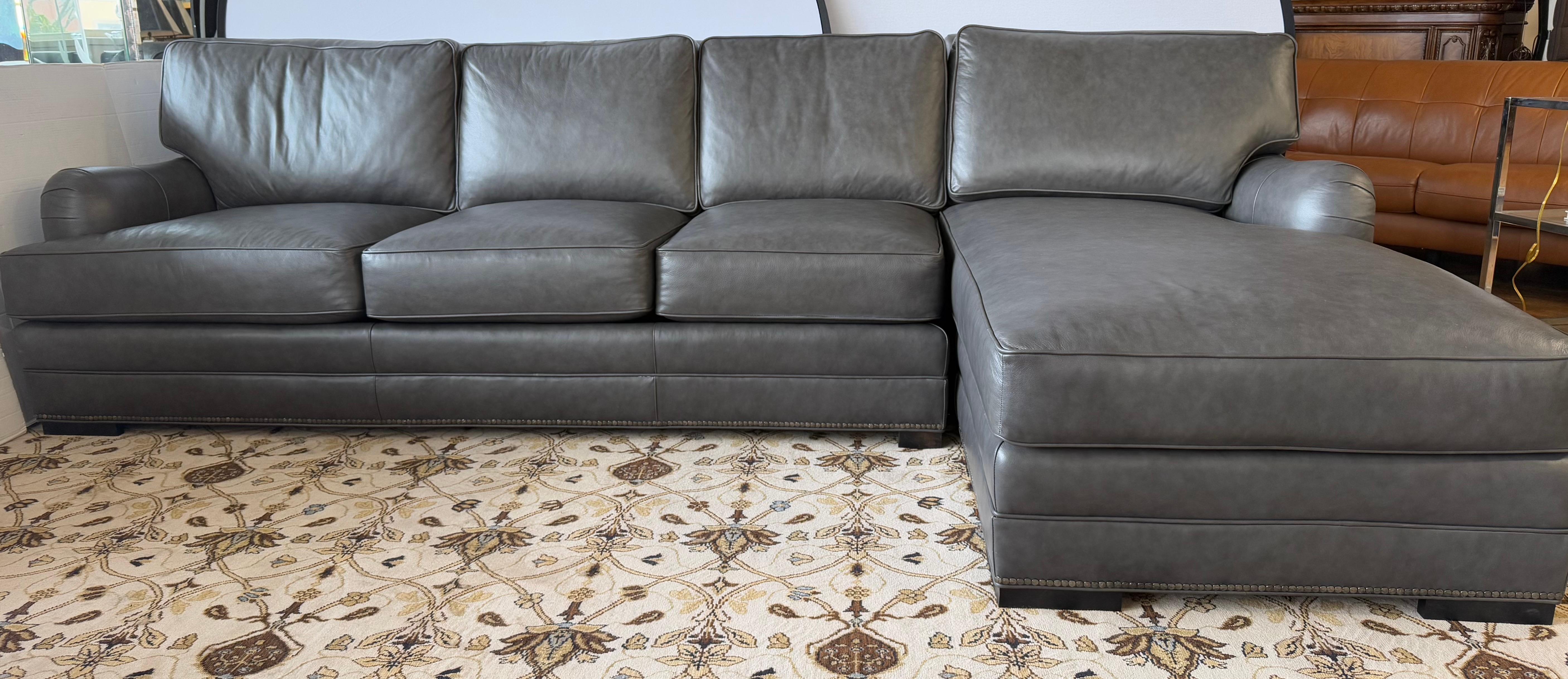 Century Furniture Company Mint Condition Gray Leather L-Shaped Sectional Sofa 10