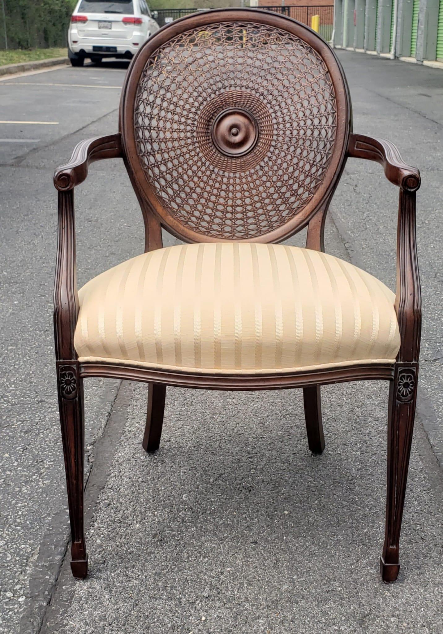 Caning Century Furniture Directoire Style Walnut Upholstered seat & Cane Back Armchair For Sale