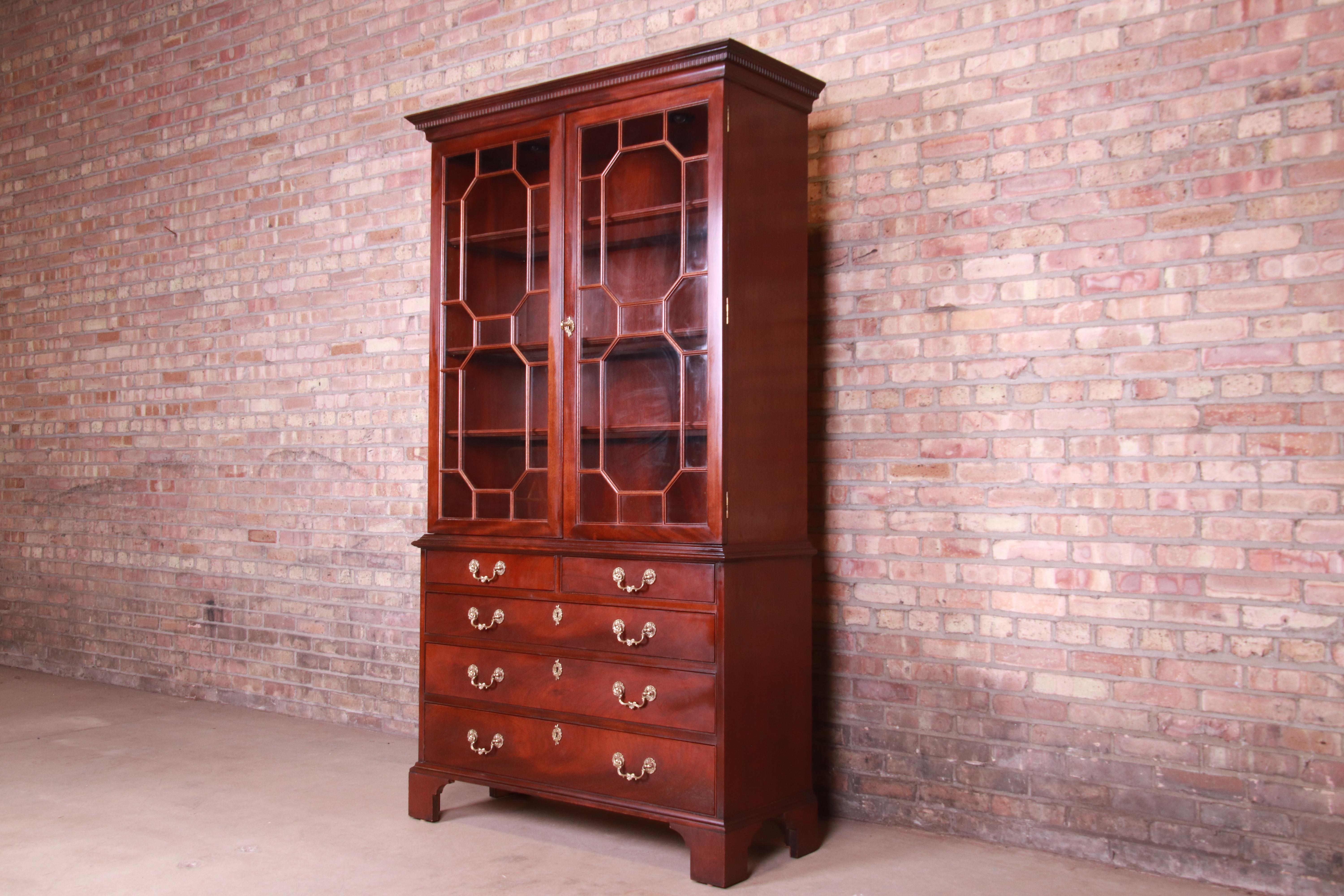 American Century Furniture English Chippendale Mahogany Bureau with Bookcase Cabinet