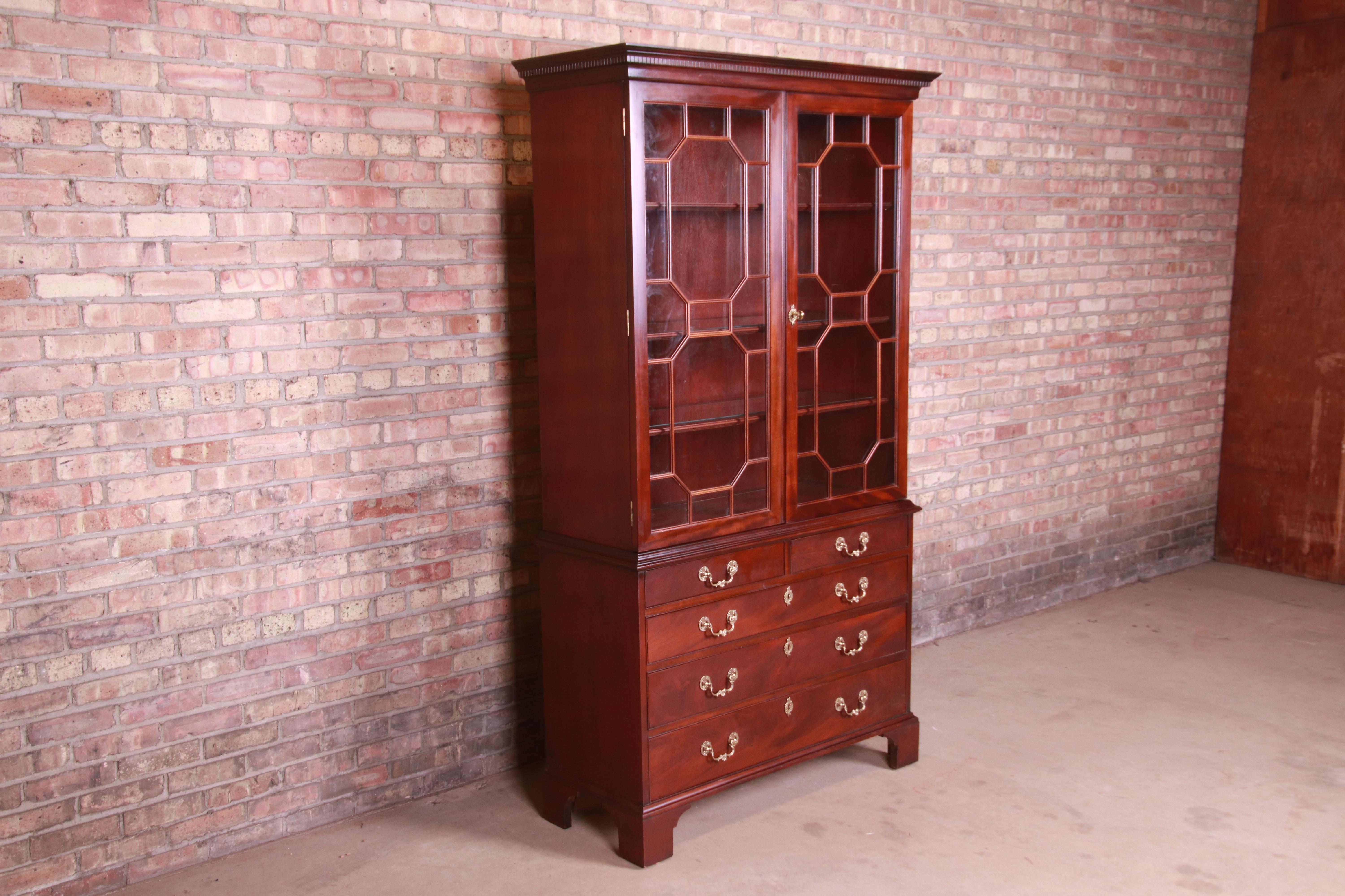 20th Century Century Furniture English Chippendale Mahogany Bureau with Bookcase Cabinet
