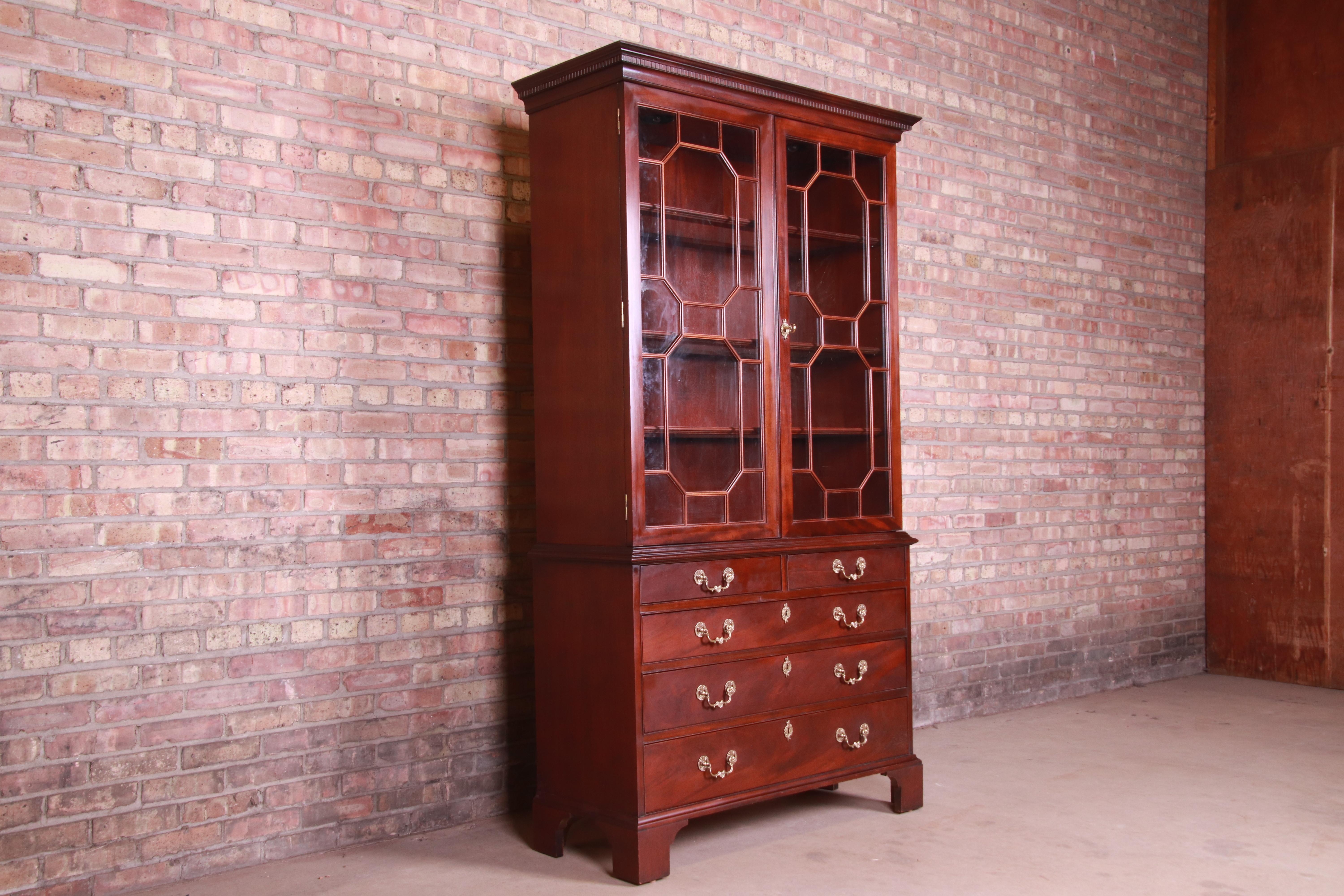 Brass Century Furniture English Chippendale Mahogany Bureau with Bookcase Cabinet