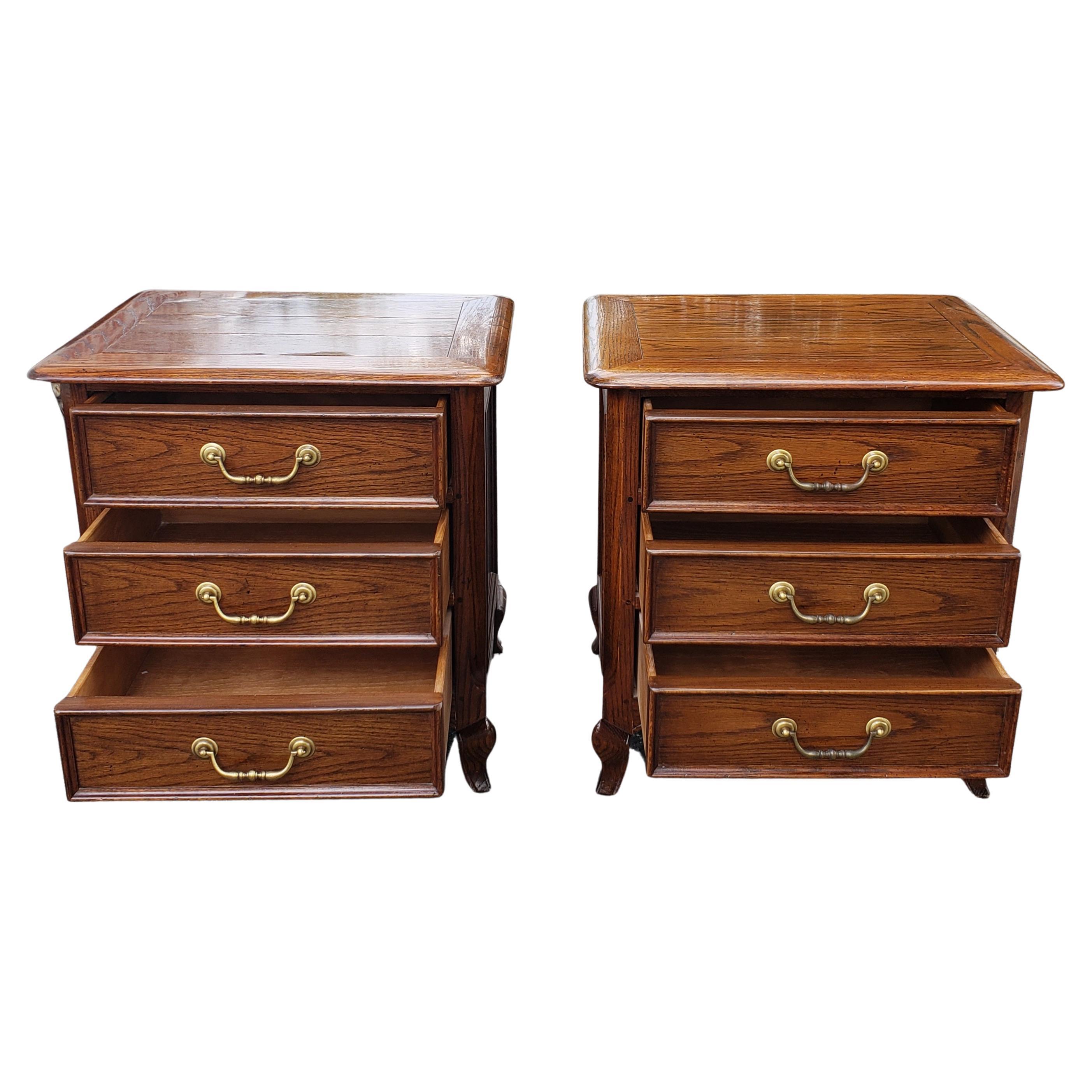 Brass Century Furniture French Country Oak Bedside Chests of Drawers Nighstands, Pair