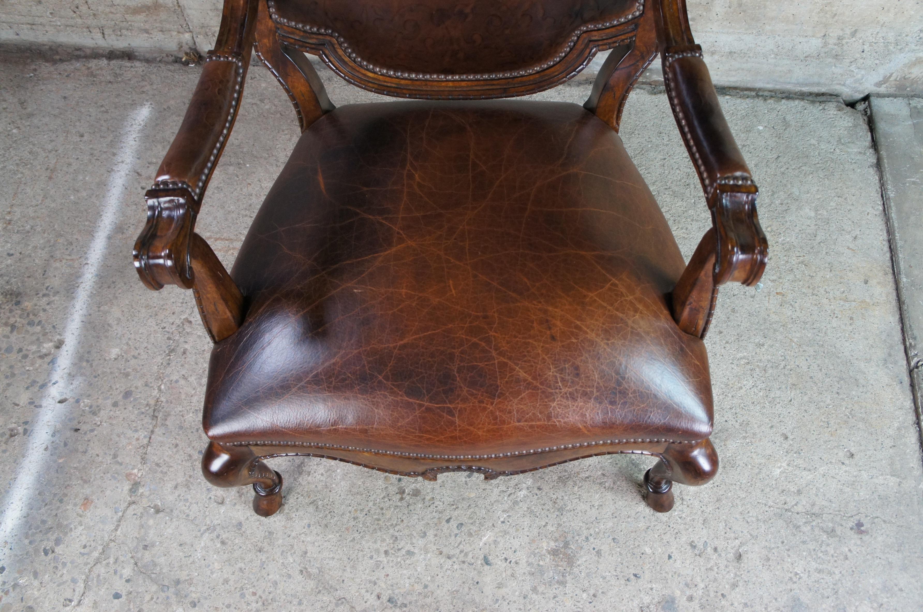 Century Furniture French Highback Carved Fauteuil Club Library Arm Chair Leather For Sale 5