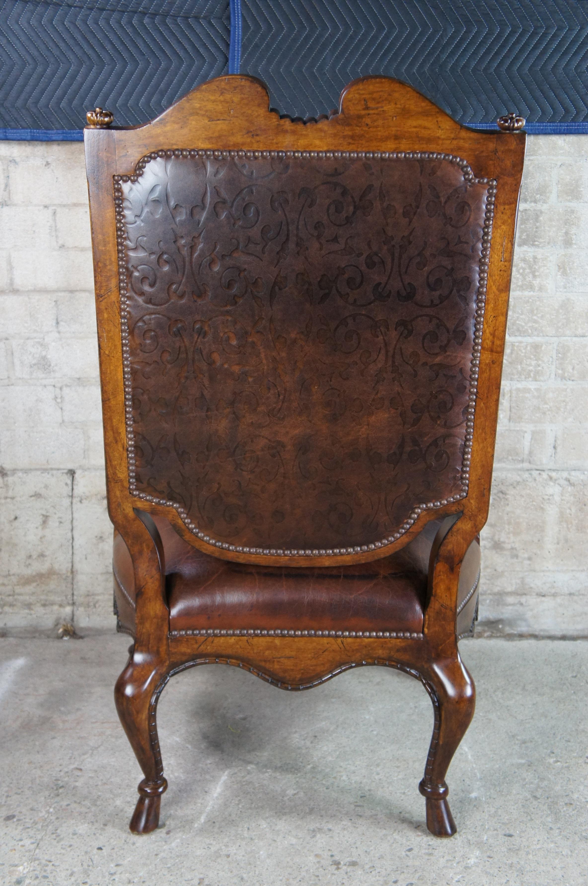 Century Furniture French Highback Carved Fauteuil Club Library Arm Chair Leather In Good Condition For Sale In Dayton, OH