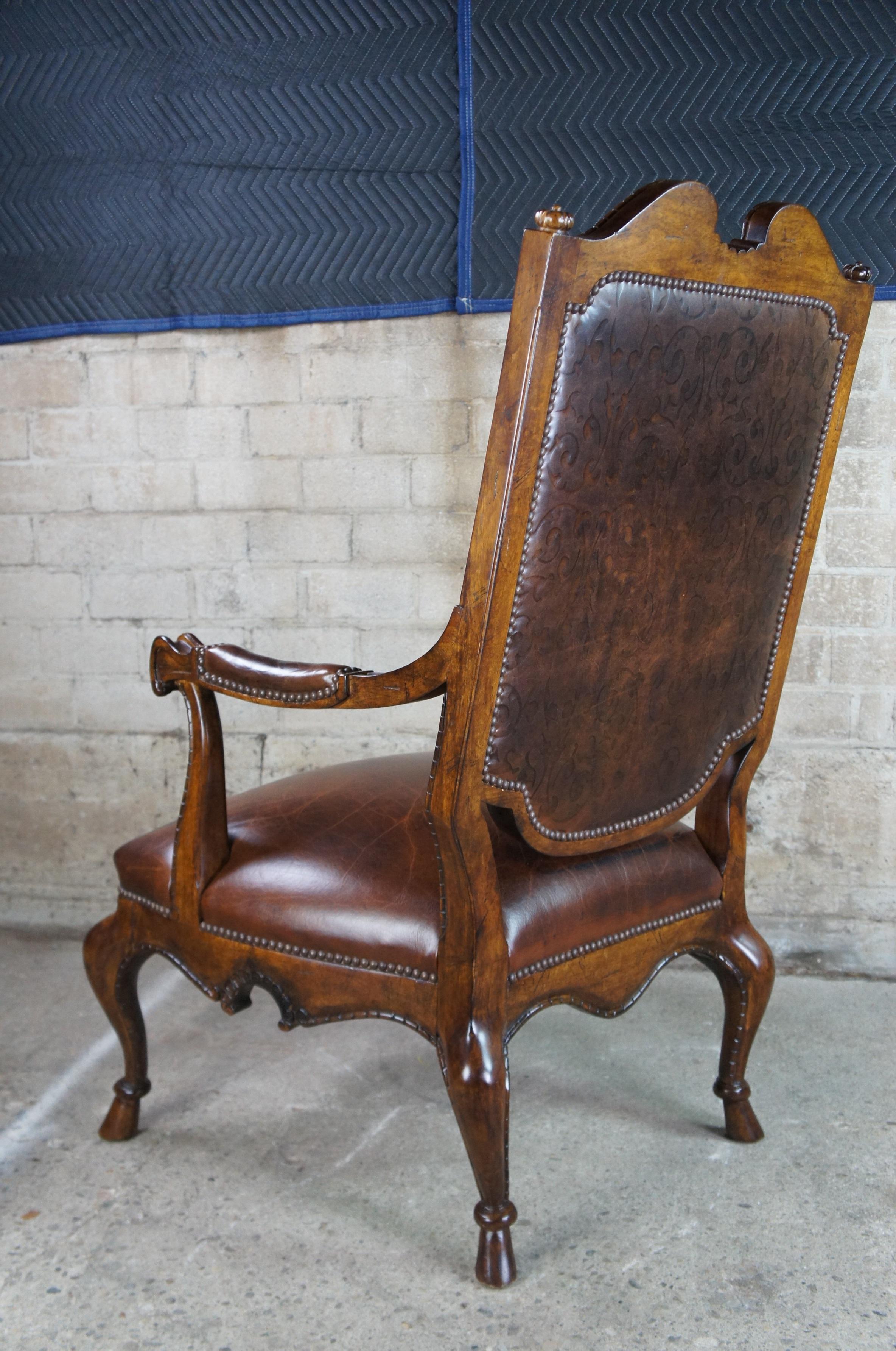 Late 20th Century Century Furniture French Highback Carved Fauteuil Club Library Arm Chair Leather For Sale