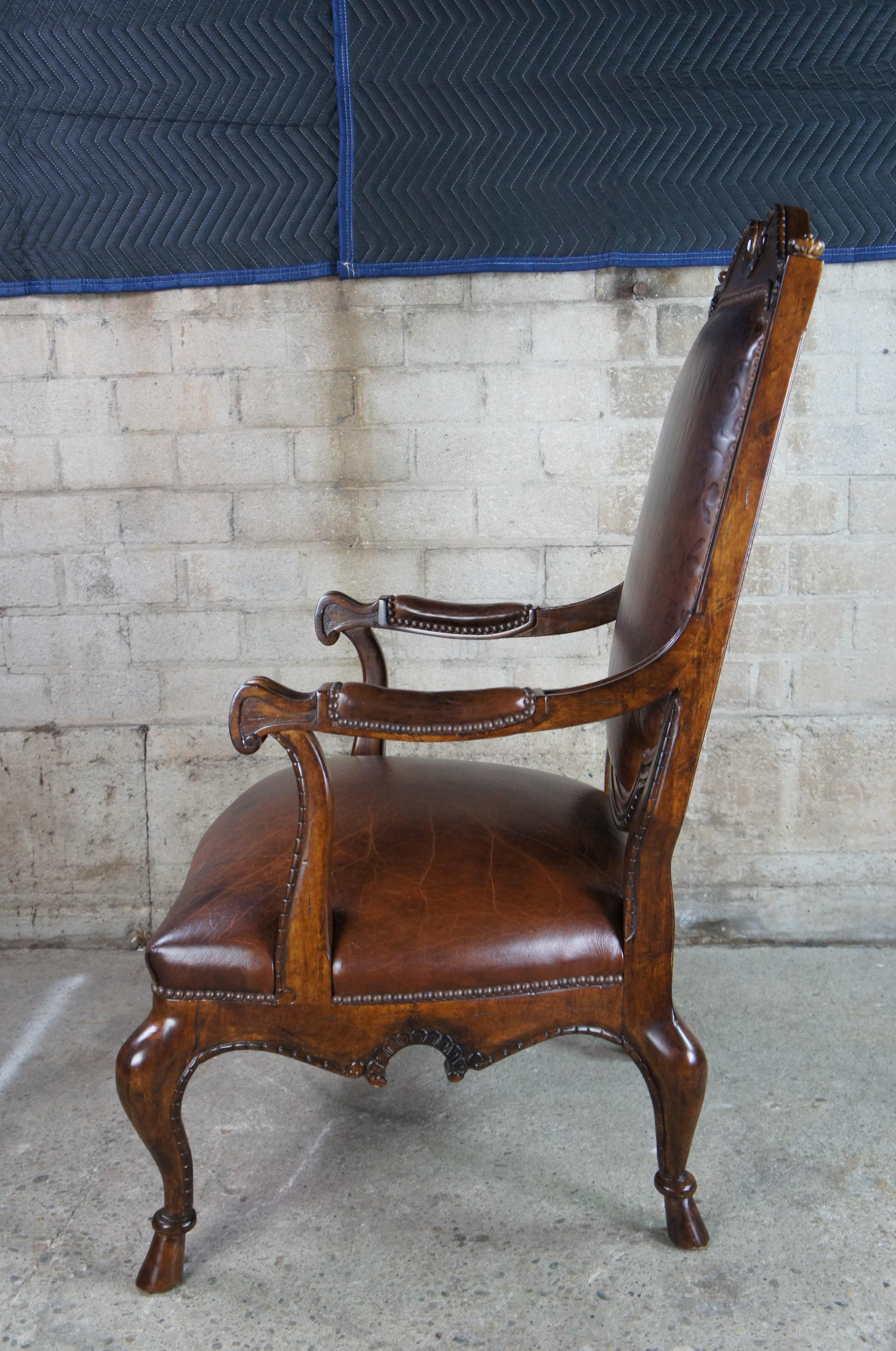 Century Furniture French Highback Carved Fauteuil Club Library Arm Chair Leather For Sale 1