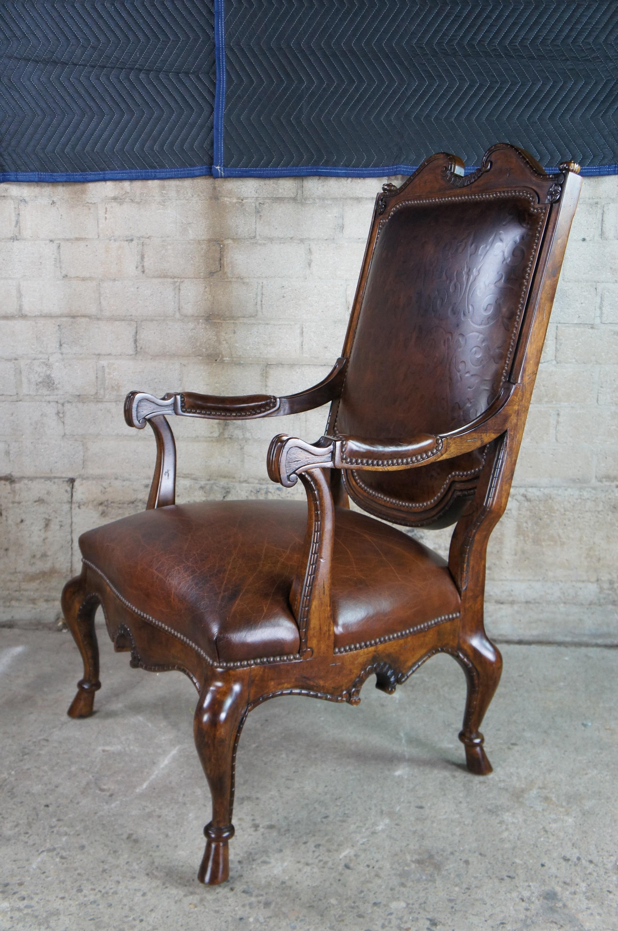 Century Furniture French Highback Carved Fauteuil Club Library Arm Chair Leather For Sale 2