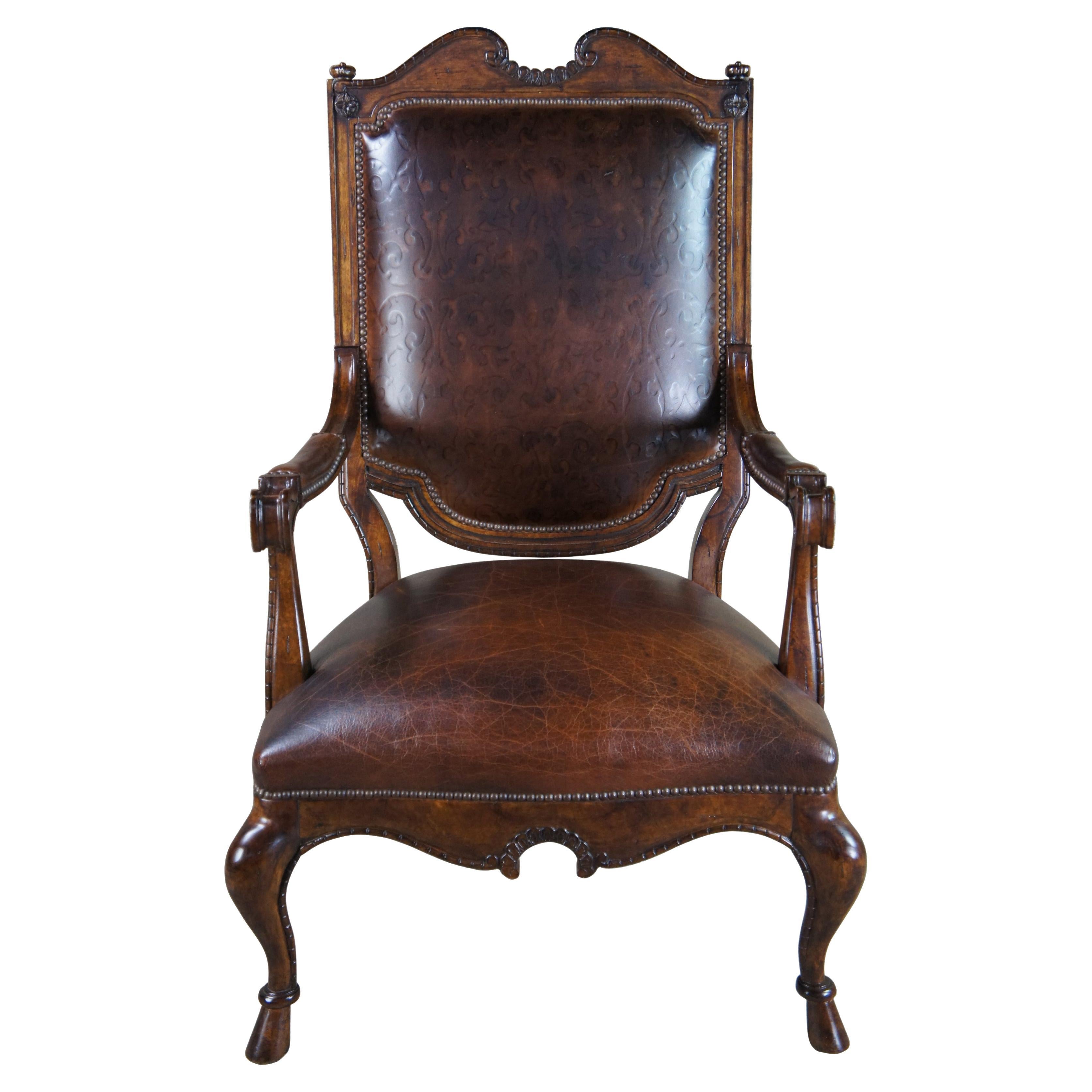 Century Furniture French Highback Carved Fauteuil Club Library Arm Chair Leather