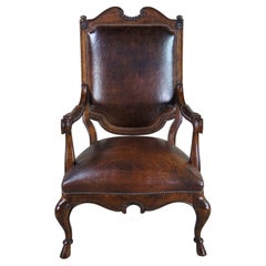 Vintage Century Furniture French Highback Carved Fauteuil Club Library Arm Chair Leather