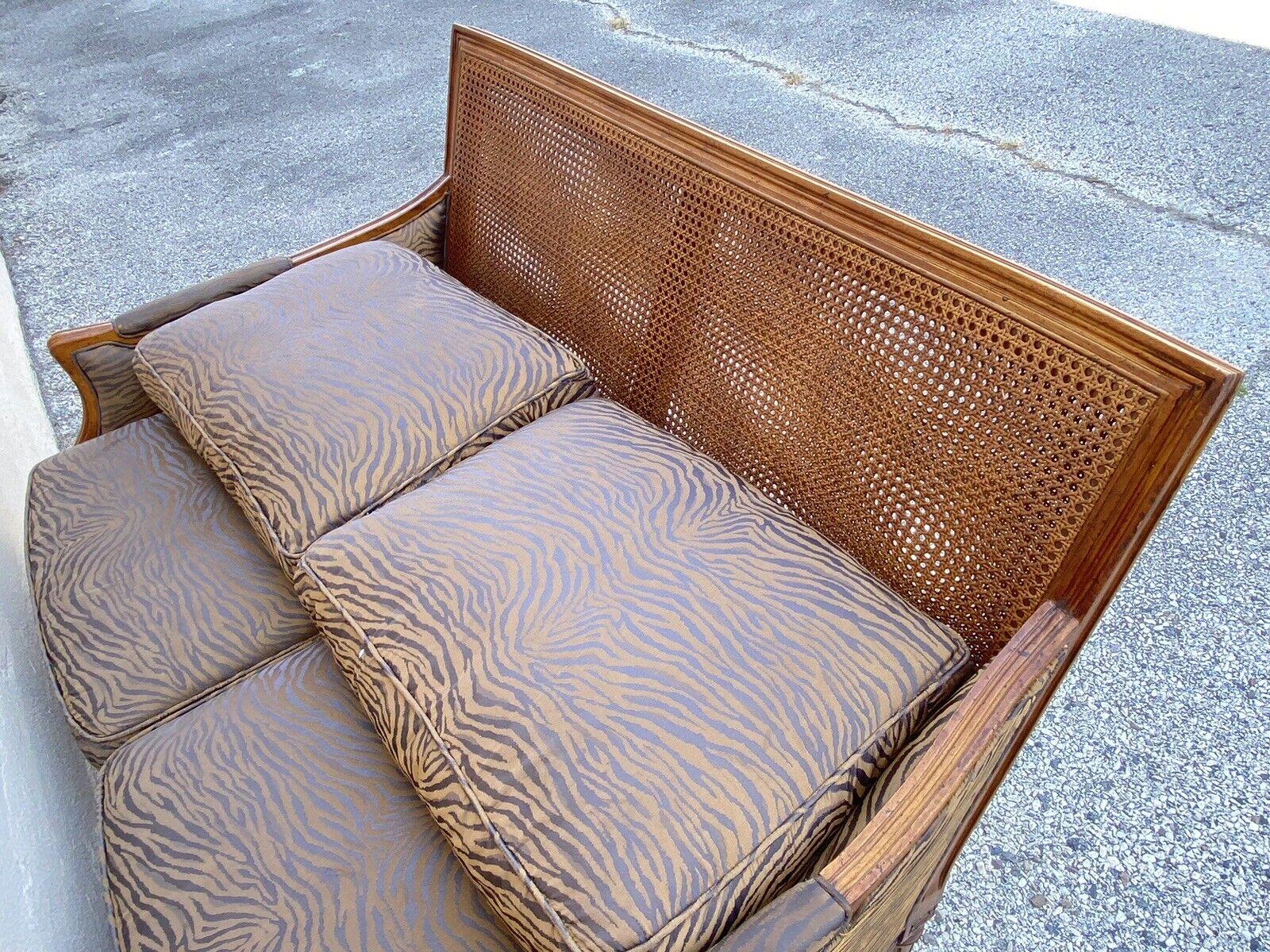 Century Furniture French Louis XVI Style Cane Back Tiger Stripe Settee Loveseat In Good Condition In Philadelphia, PA