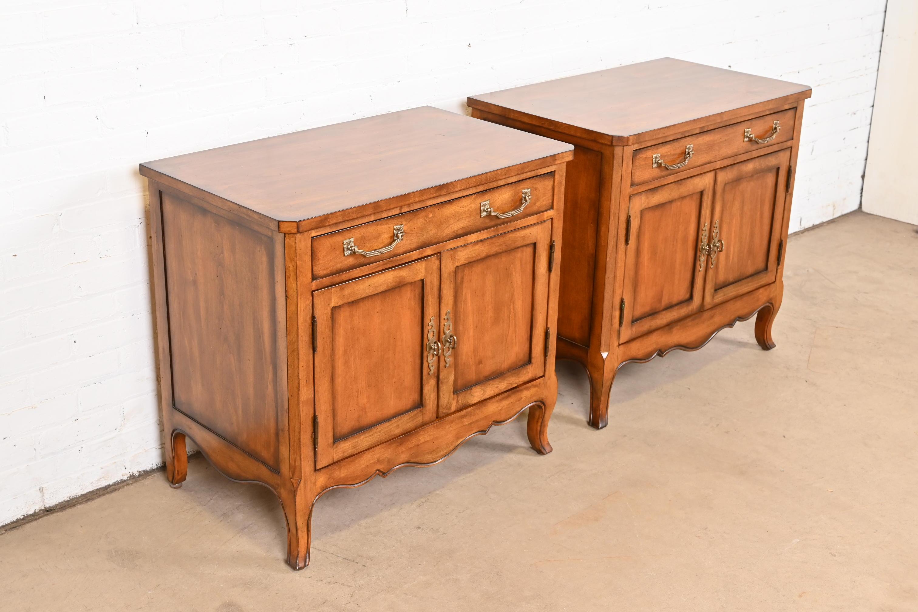 Brass Century Furniture French Provincial Louis XV Cherry Wood Nightstands, Pair
