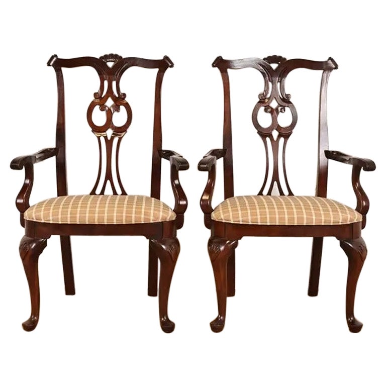 Century Furniture Georgian Carved Mahogany Armchairs or Dining Chairs, Pair