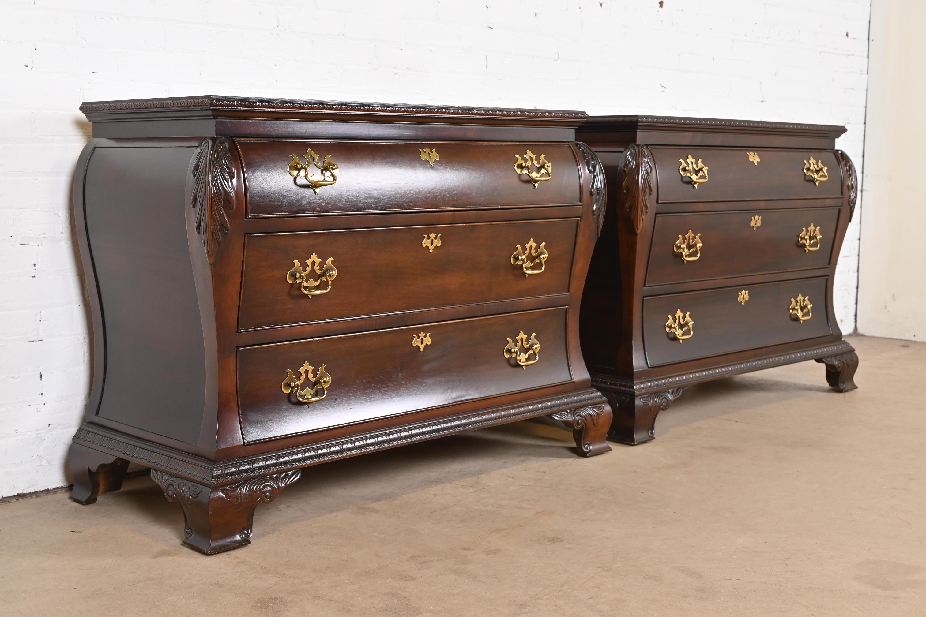 Brass Century Furniture Georgian Carved Mahogany Bombay Dressers or Commodes, Pair For Sale