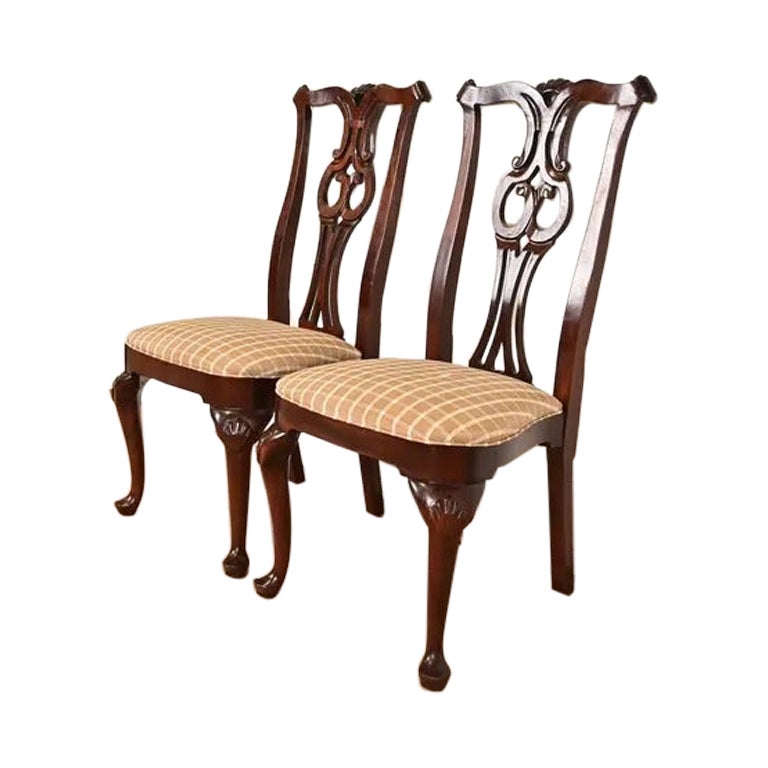 Century Furniture Georgian Carved Mahogany Side Chairs or Dining Chairs, Pair