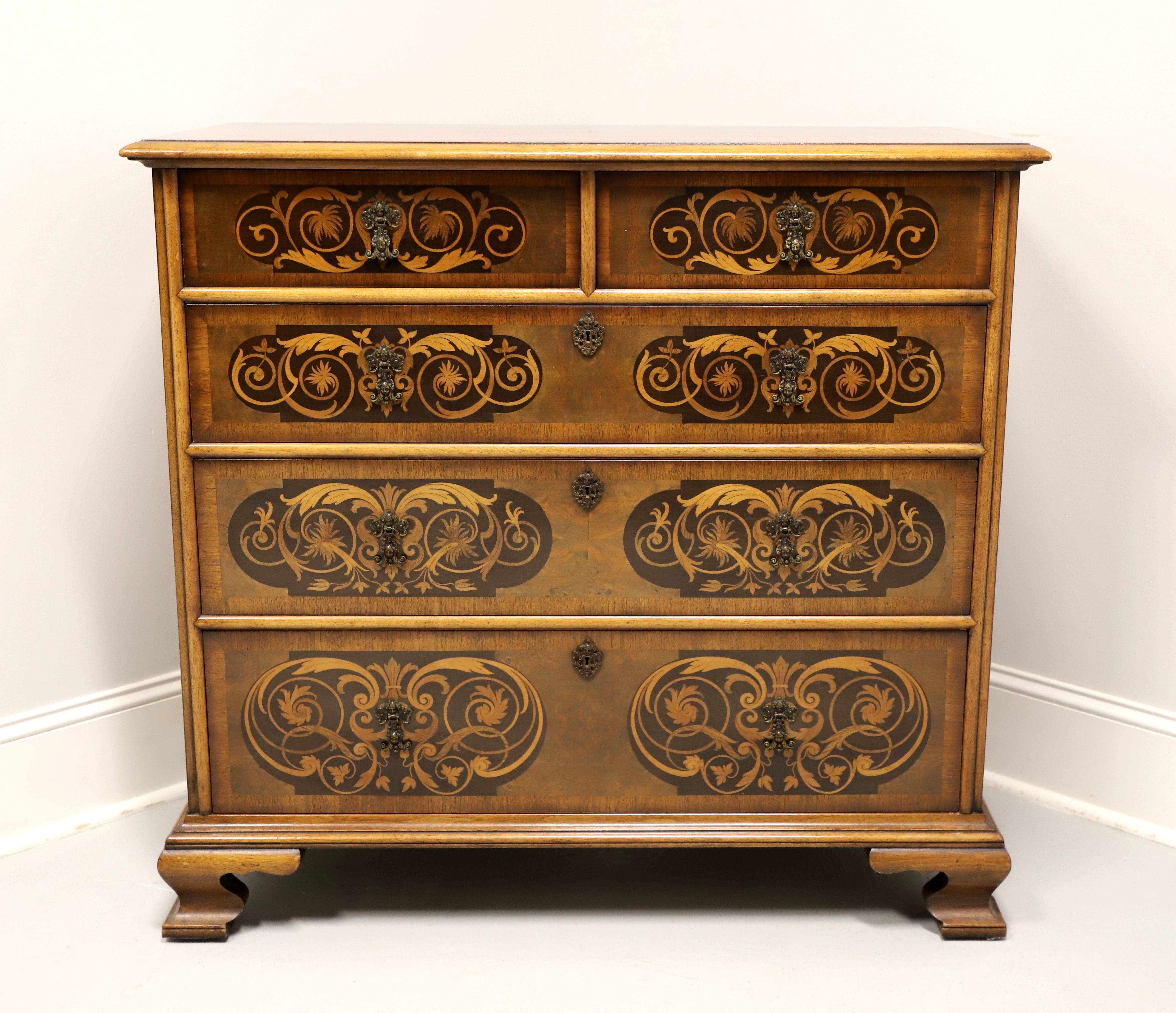 A stunning chest of drawers by Century Furniture, of Grand Rapids, Michigan, USA. Walnut with inlaid details on top, sides & drawer fronts, brass hardware, and ogee bracket feet. Features two smaller over three larger drawers, all of dovetail