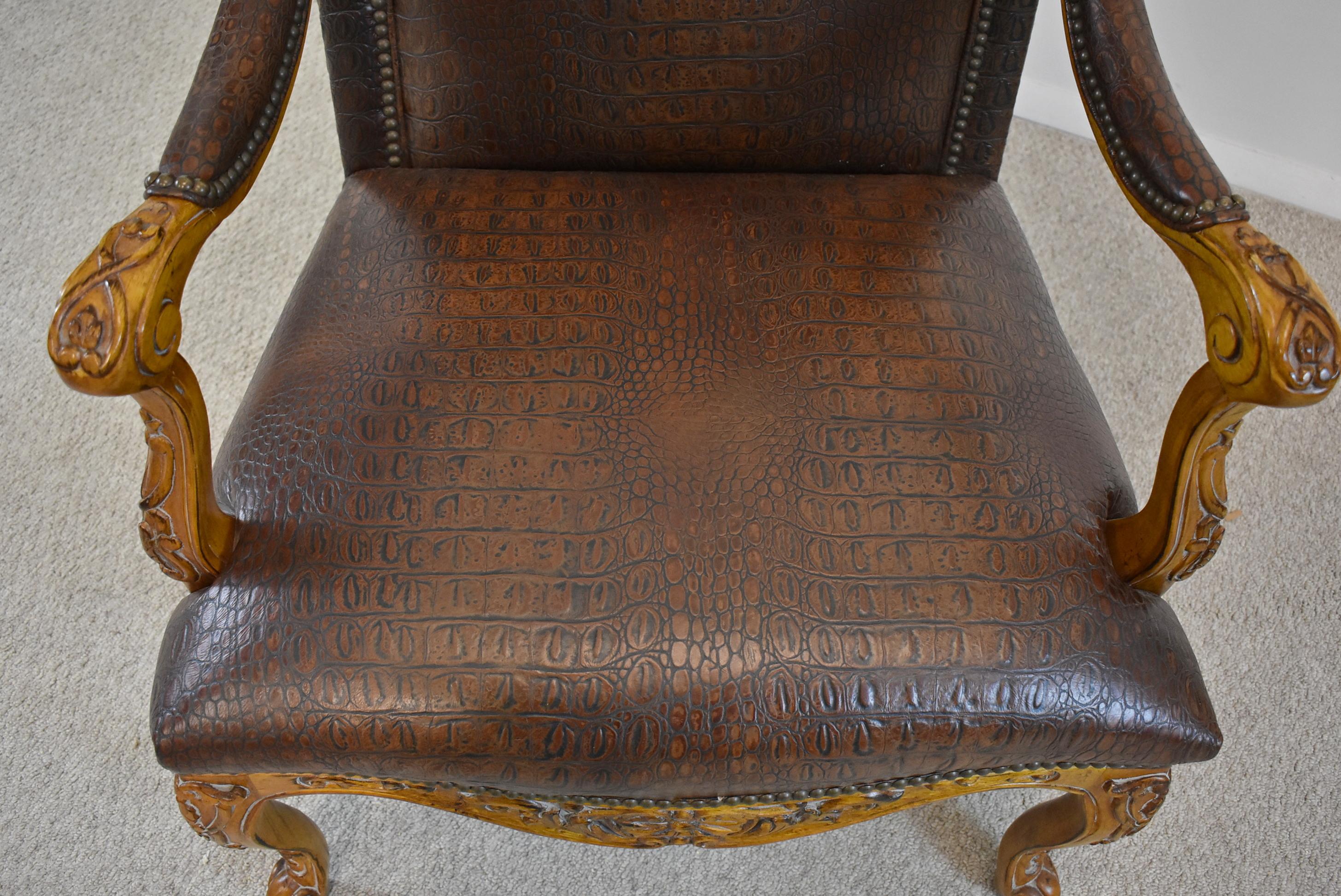 Century Furniture Highbacked Crocodile Embossed Leather Armchair In Good Condition For Sale In Toledo, OH