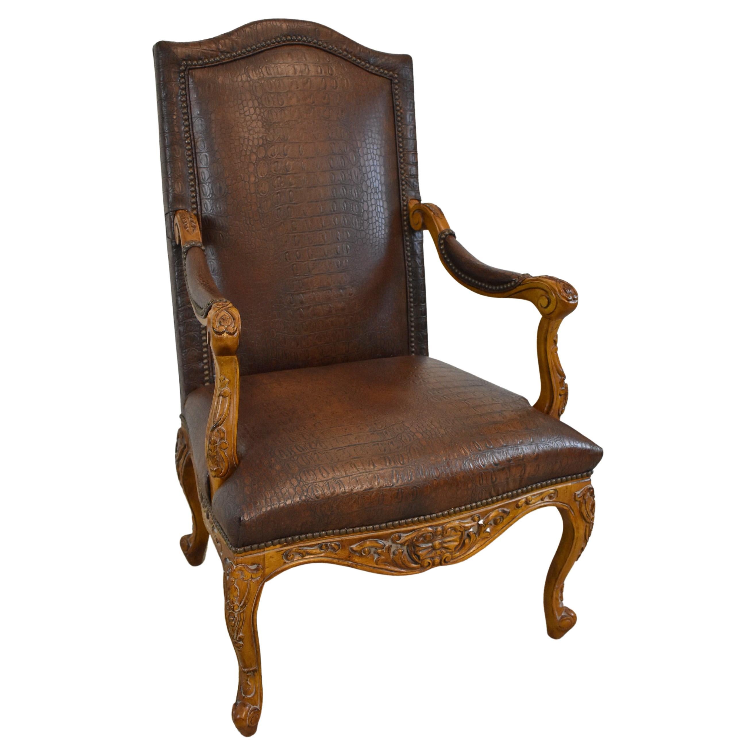 Century Furniture Highbacked Crocodile Embossed Leather Armchair For Sale