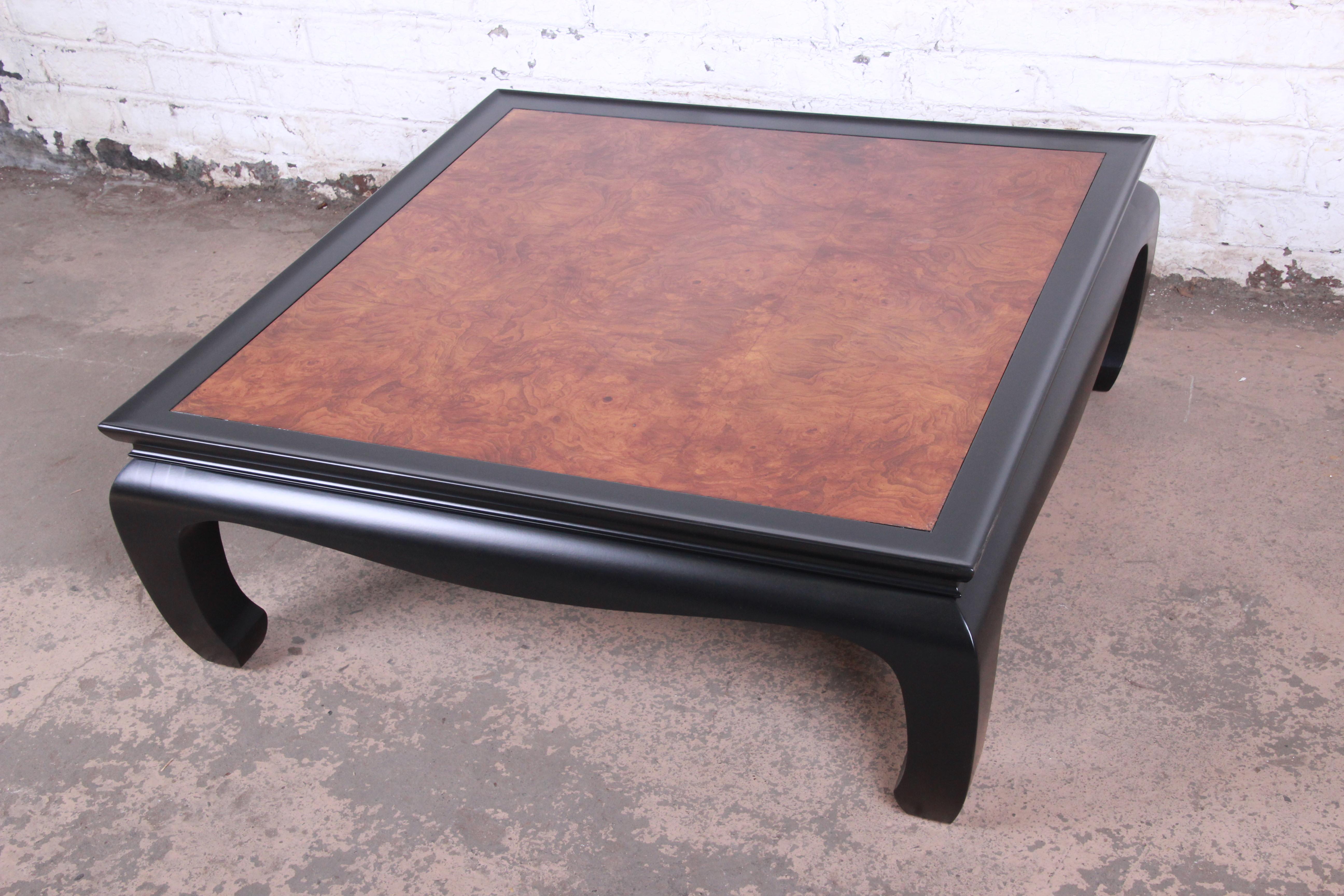 Mid-Century Modern Century Furniture Hollywood Regency Black Lacquer and Burl Coffee Table, 1970s