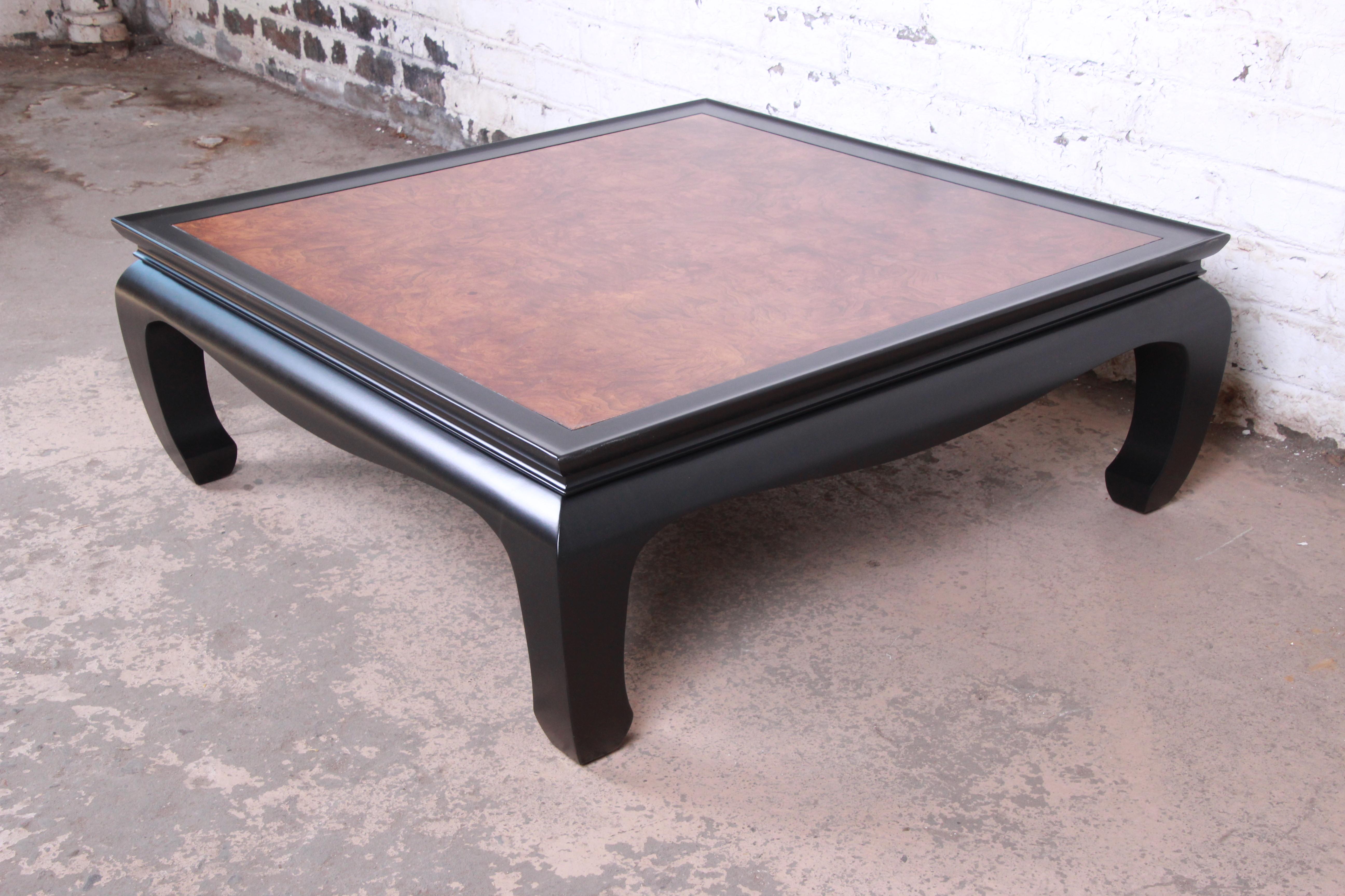 American Century Furniture Hollywood Regency Black Lacquer and Burl Coffee Table, 1970s