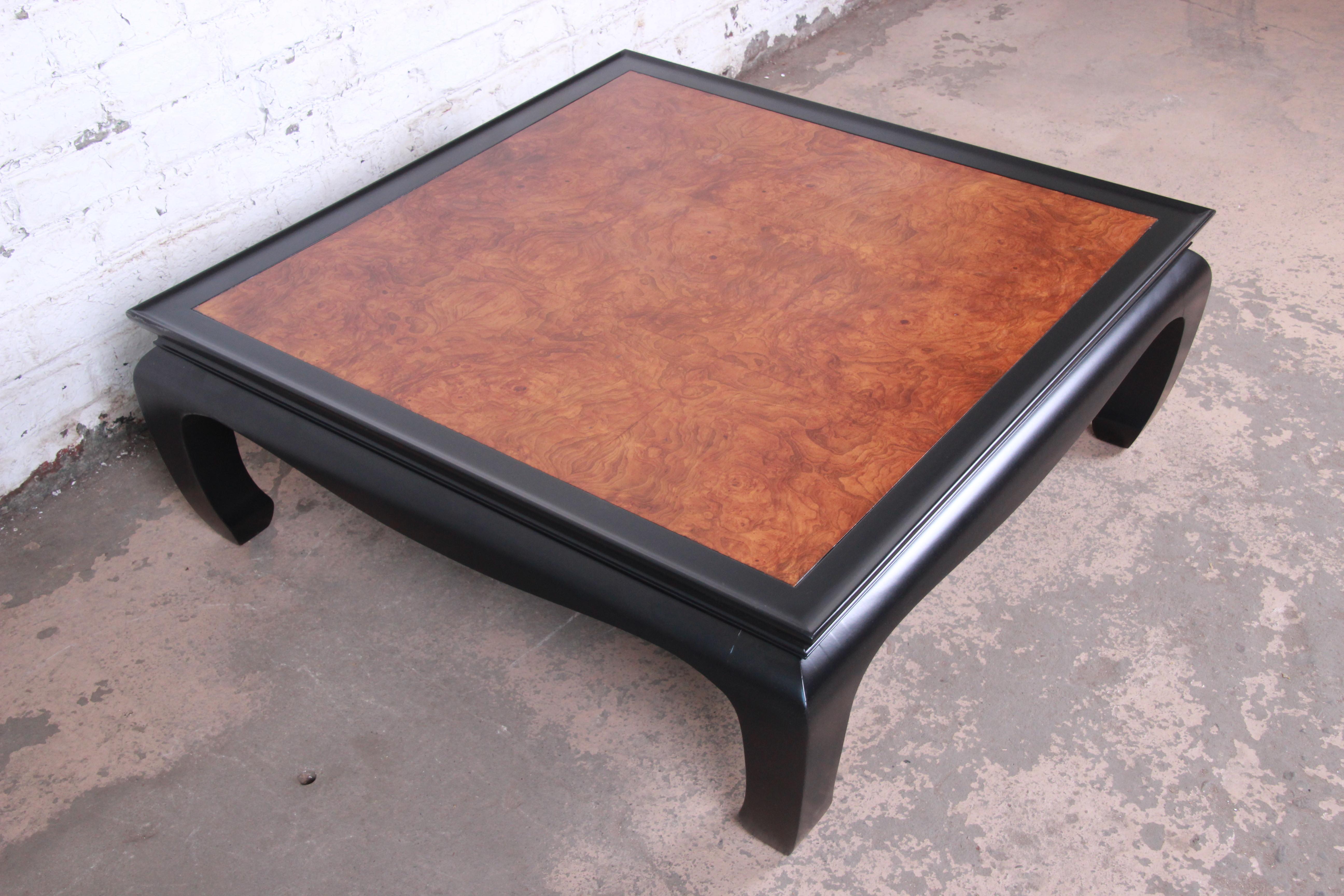 Century Furniture Hollywood Regency Black Lacquer and Burl Coffee Table, 1970s In Good Condition In South Bend, IN