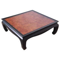 Century Furniture Hollywood Regency Black Lacquer and Burl Coffee Table, 1970s