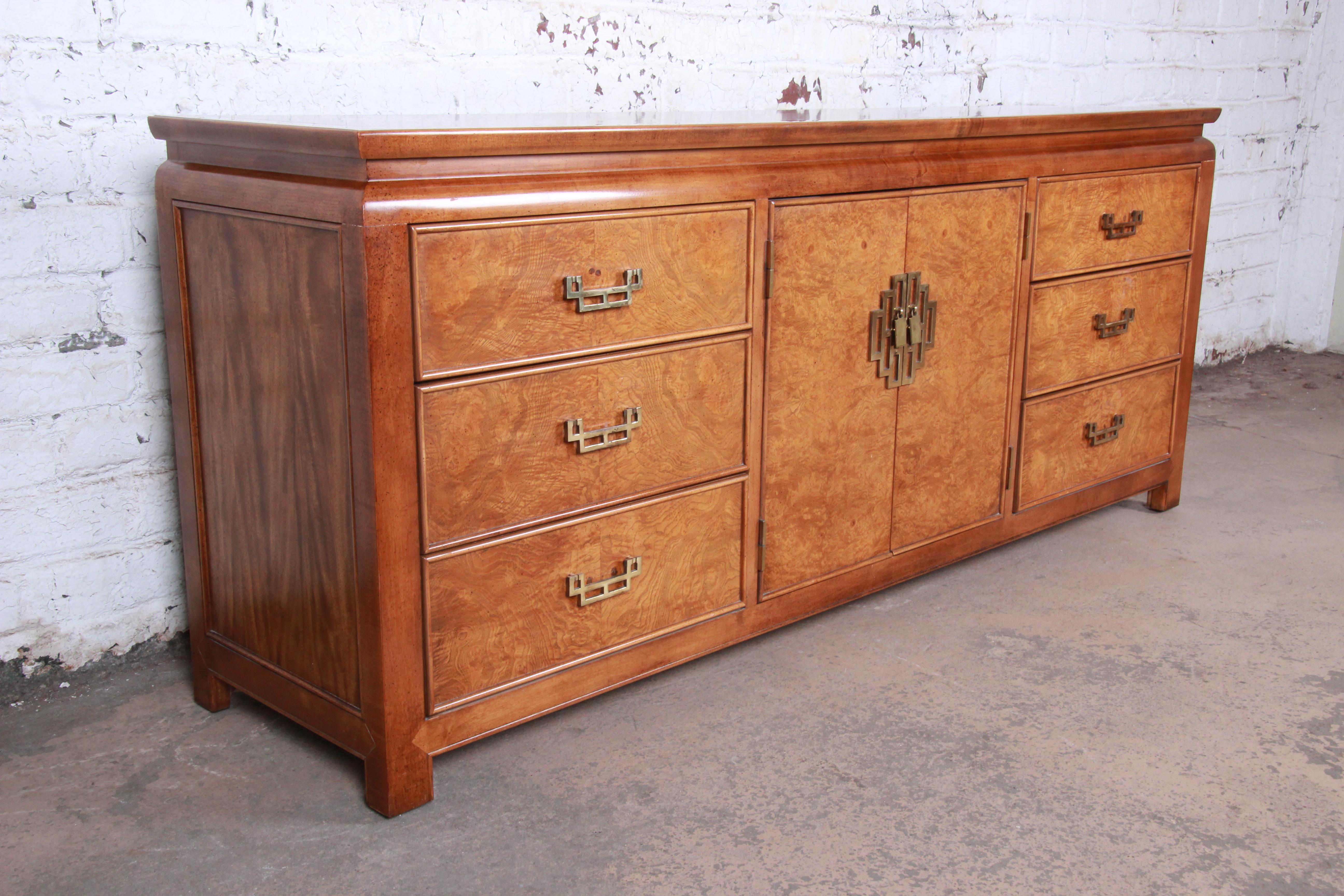 American Century Furniture Hollywood Regency Chinoiserie Burl Wood Dresser or Credenza