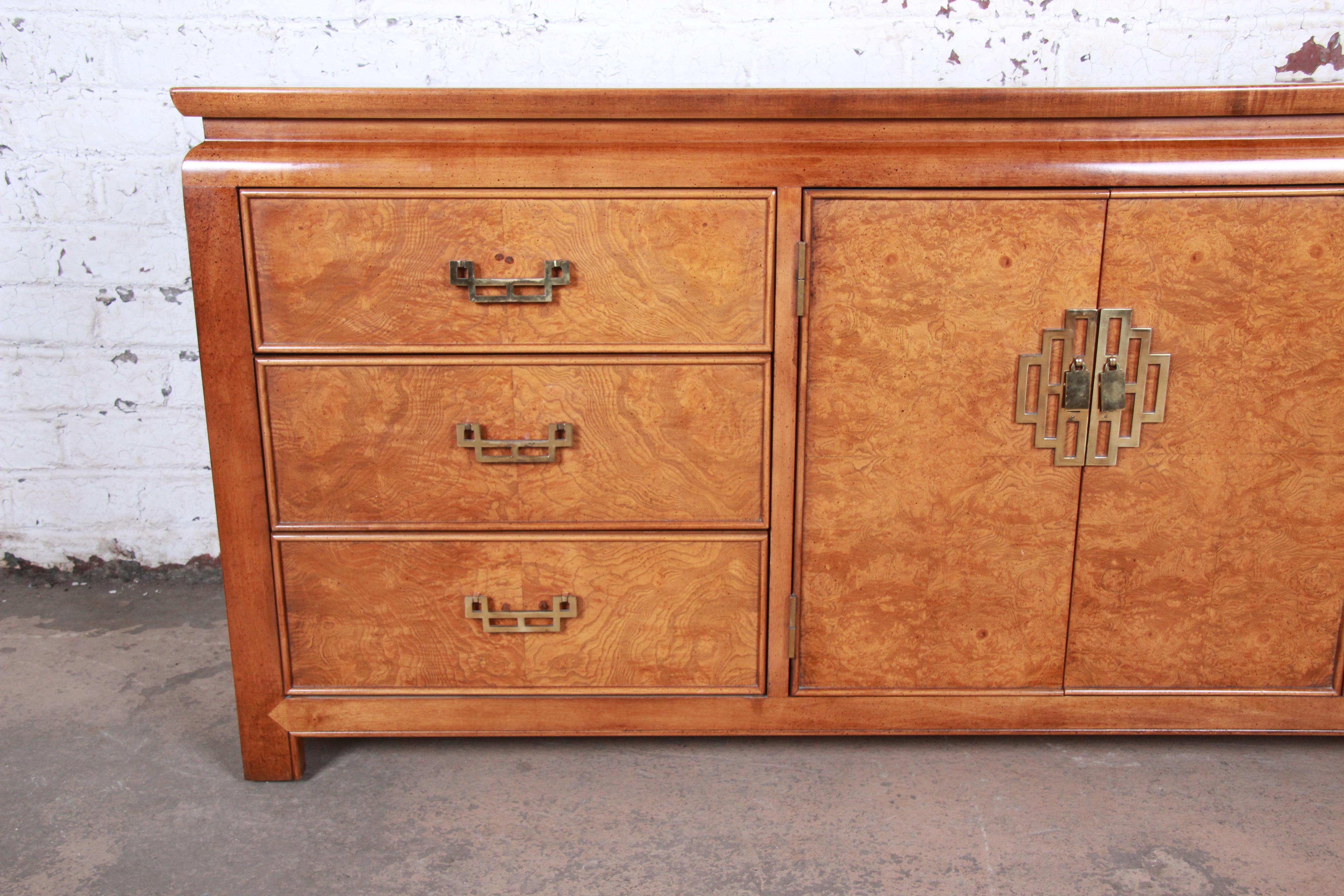 Brass Century Furniture Hollywood Regency Chinoiserie Burl Wood Dresser or Credenza
