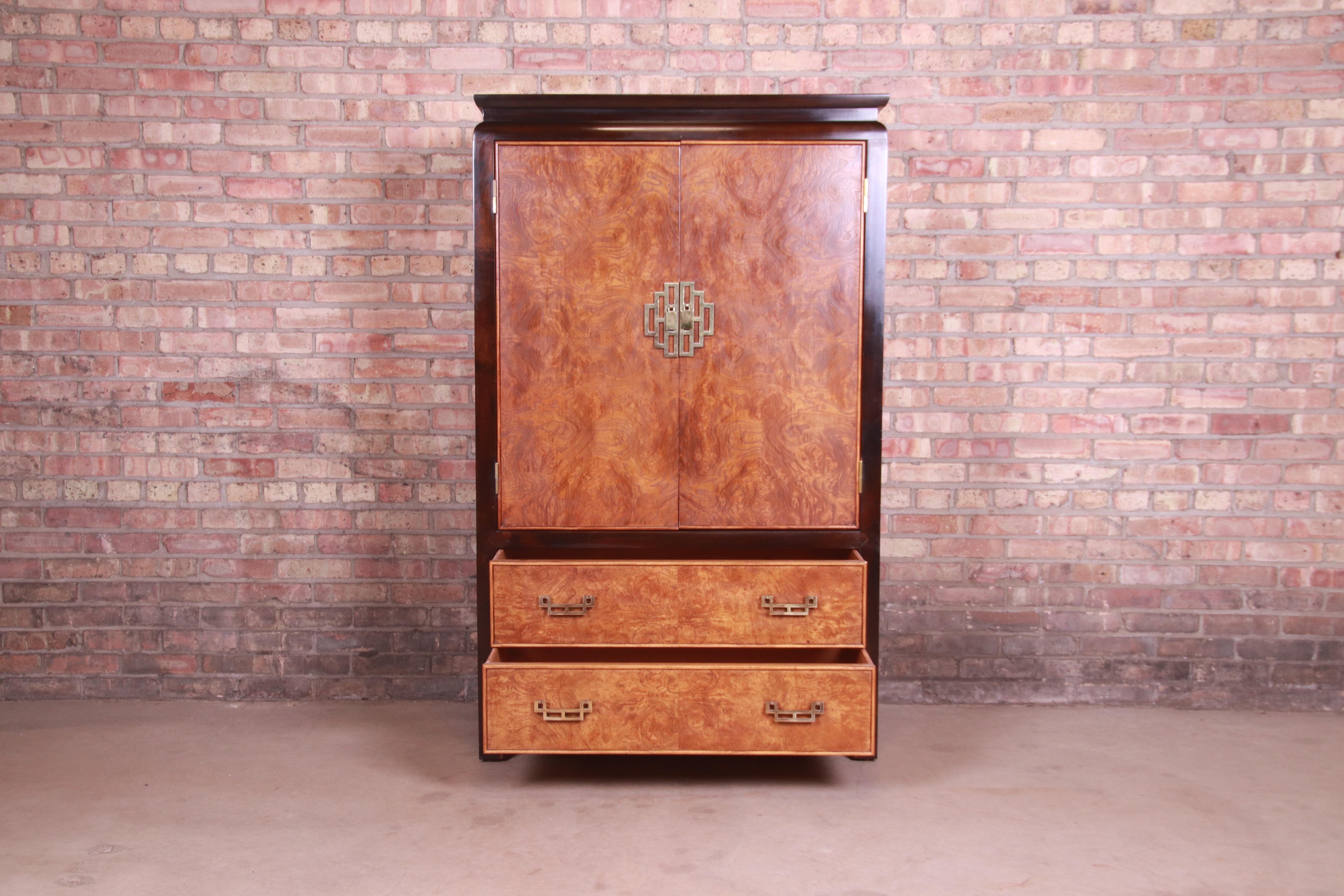 Century Furniture Hollywood Regency Chinoiserie Burl Wood Gentleman's Chest In Good Condition In South Bend, IN