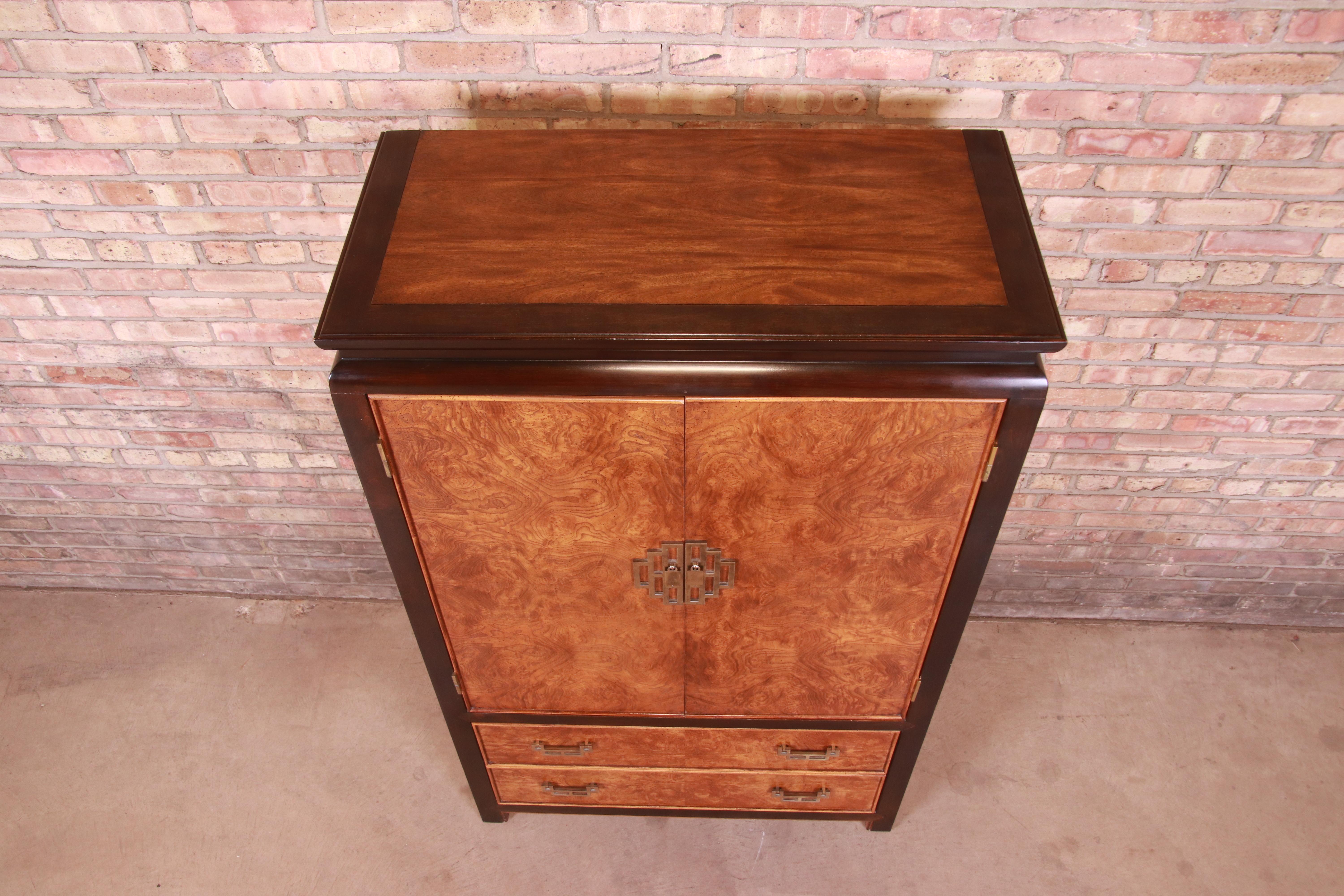 Brass Century Furniture Hollywood Regency Chinoiserie Burl Wood Gentleman's Chest