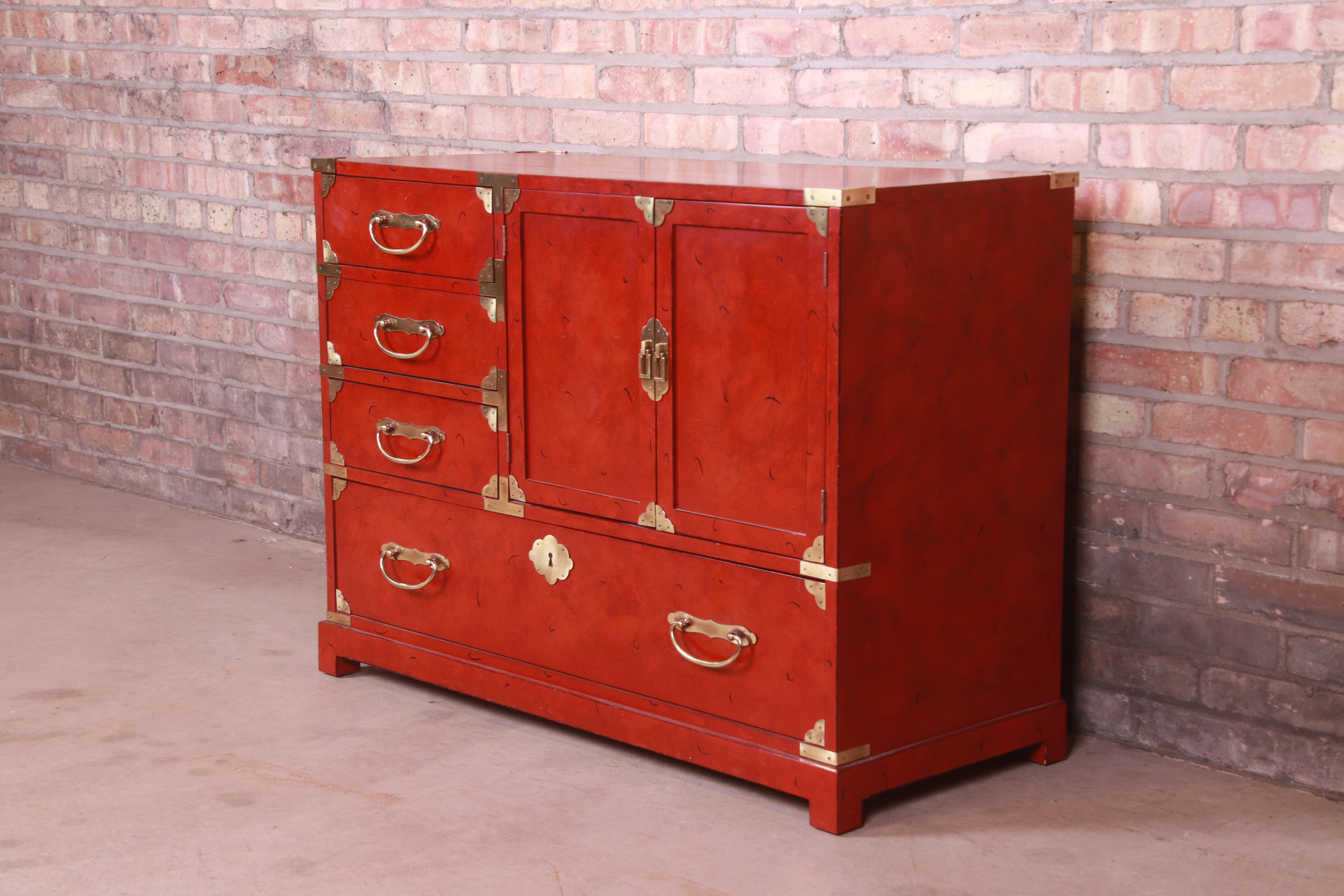 Century Furniture Hollywood Regency Chinoiserie Red Lacquered Commode, 1970s In Good Condition In South Bend, IN