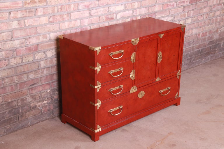 Brass Century Furniture Hollywood Regency Chinoiserie Red Lacquered Commode, 1970s For Sale