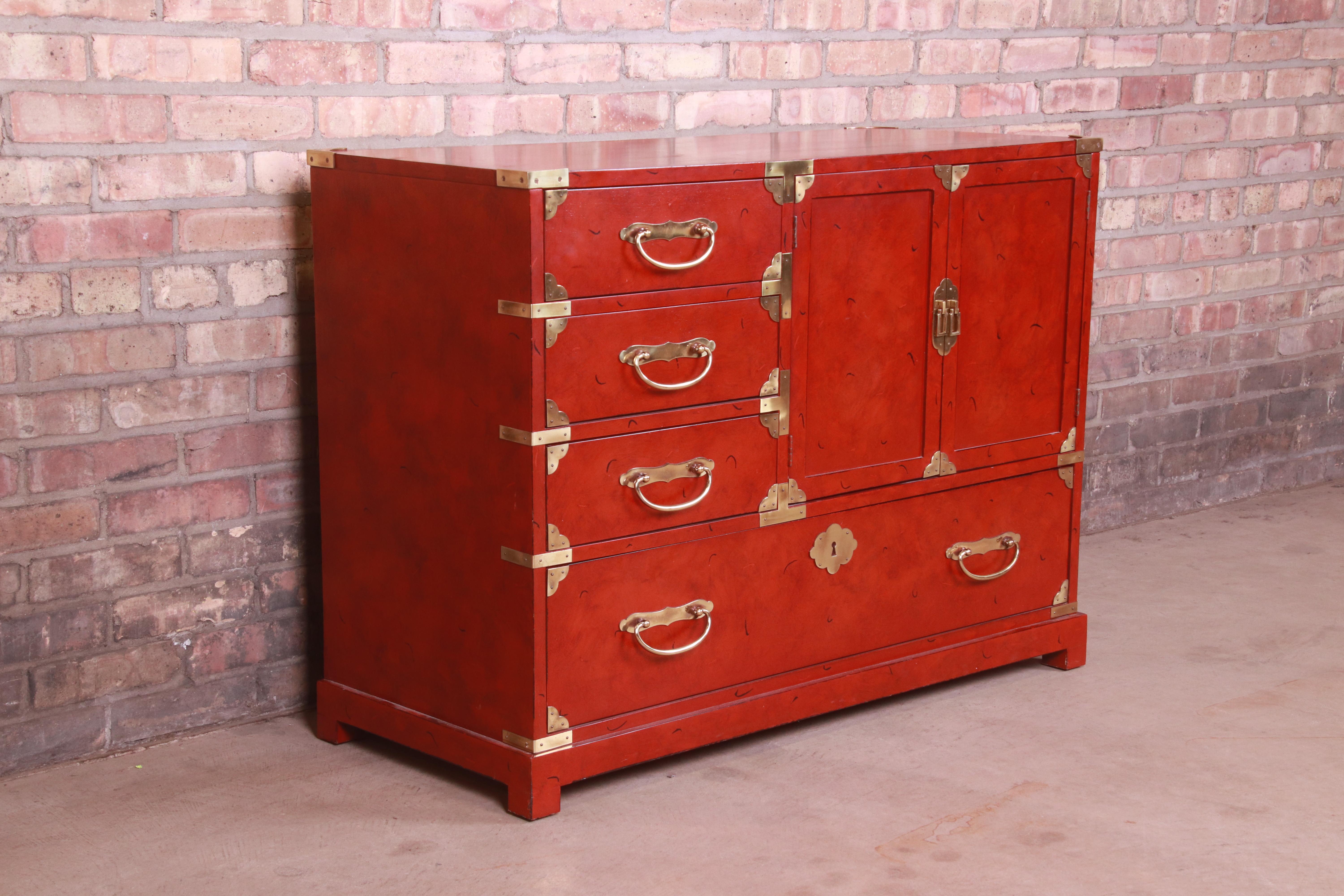 Brass Century Furniture Hollywood Regency Chinoiserie Red Lacquered Commode, 1970s