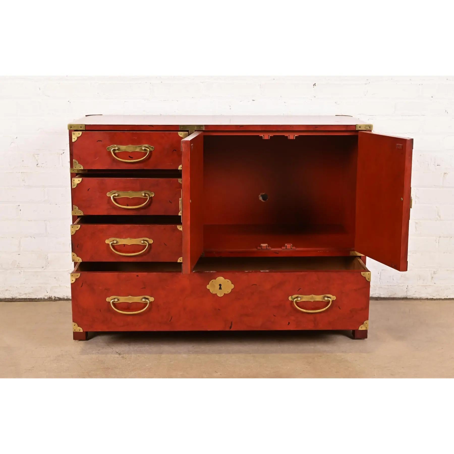 Brass Century Furniture Hollywood Regency Chinoiserie Red Lacquered Commode For Sale