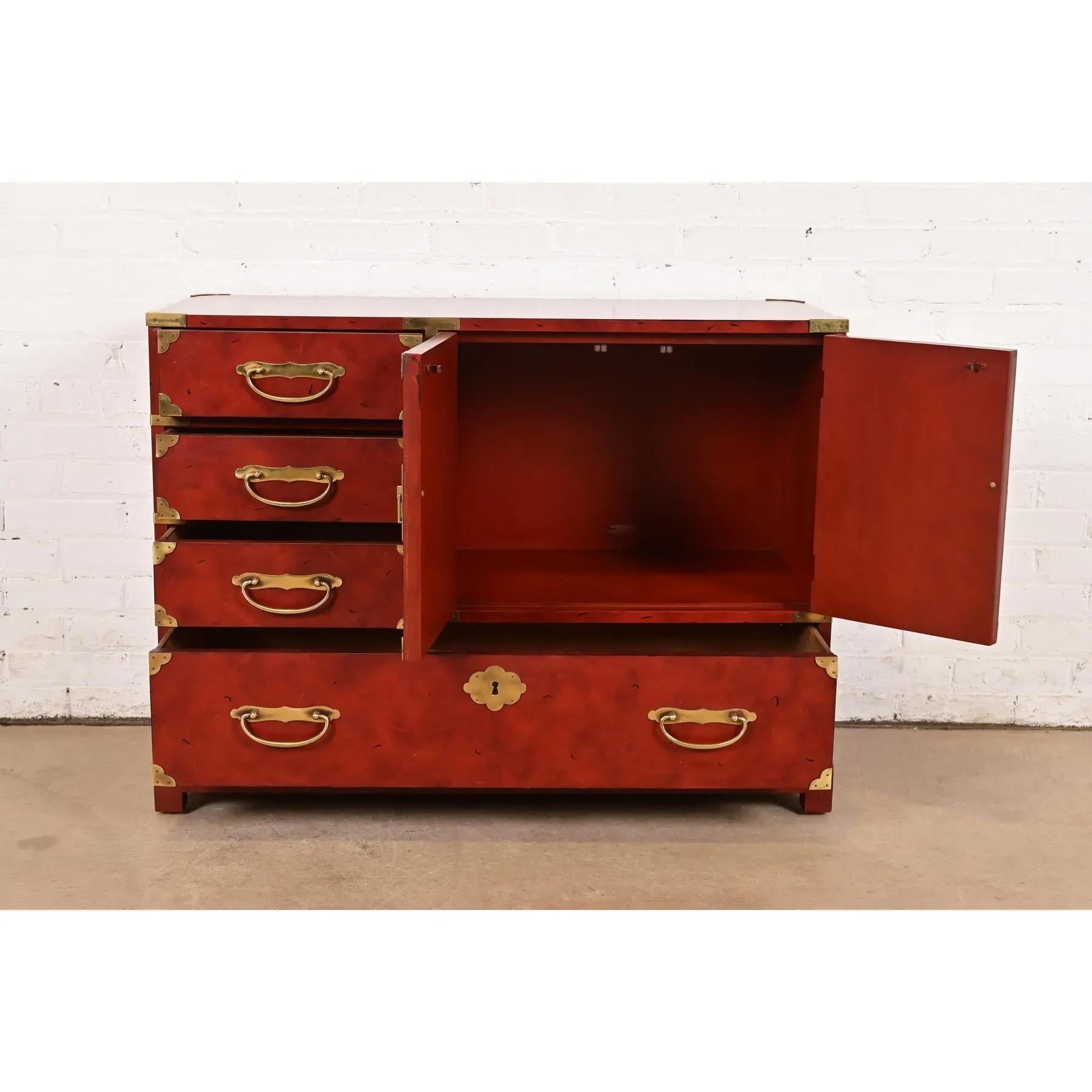 Brass Century Furniture Hollywood Regency Chinoiserie Red Lacquered Commode For Sale