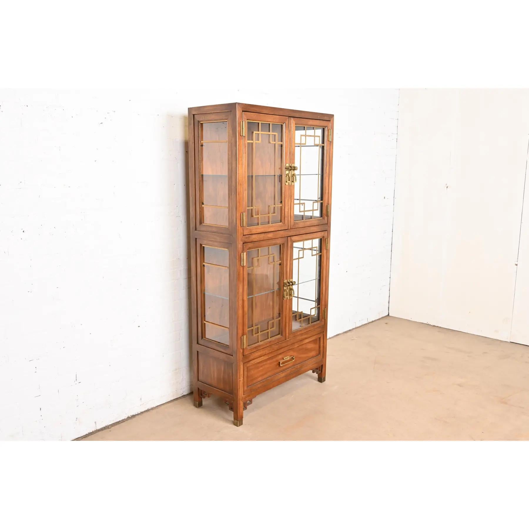 Century Furniture Hollywood Regency Chinoiserie Walnut Lighted Bookcase In Good Condition In South Bend, IN
